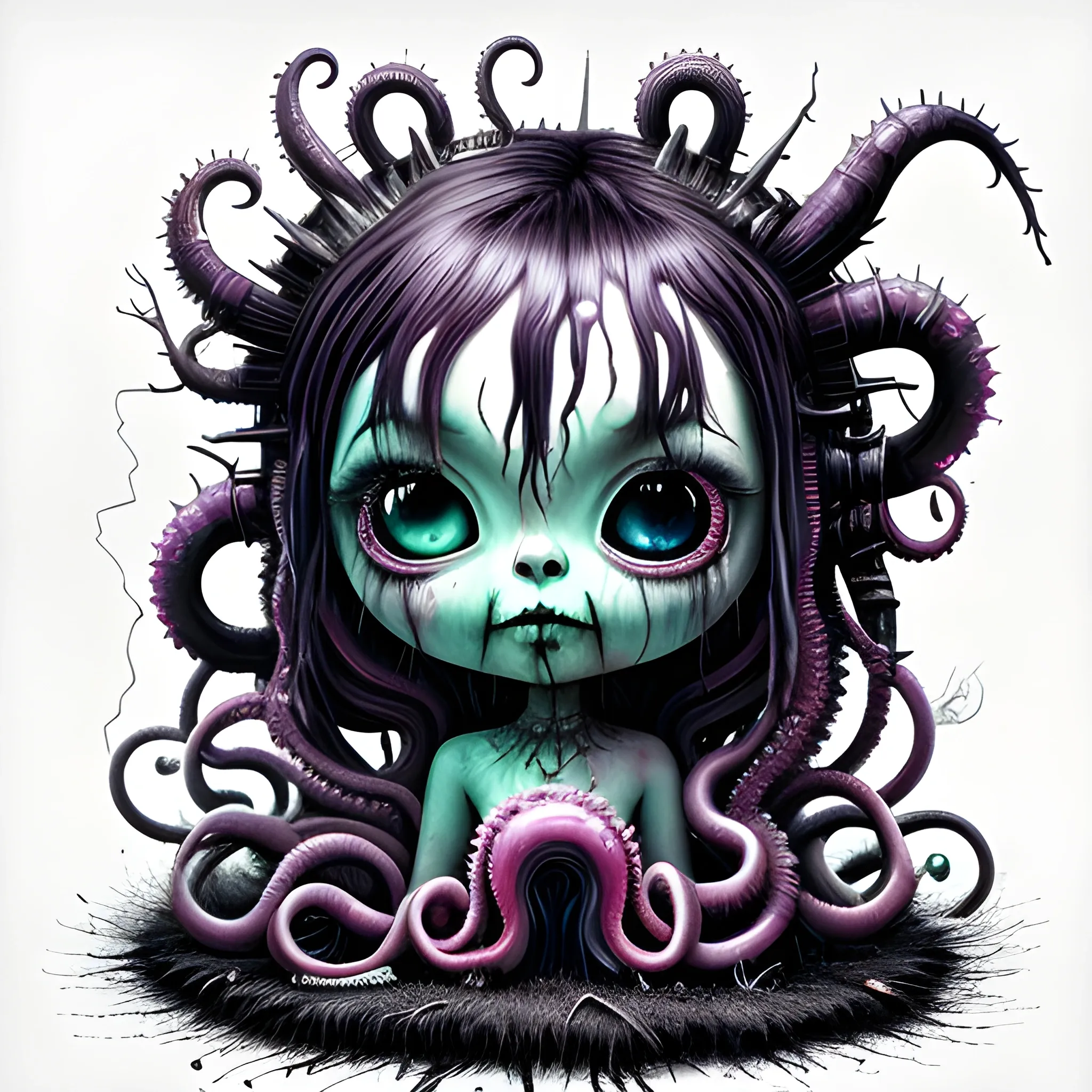  Masterpiece, scenic; Bjork; neon spray paint, acrylic paint, fantastical surrealist world, in the style of Stephen Gammell and Shawn Coss, extremely detailed, sick, gothic, eldritch: chibi kawaii tentacles