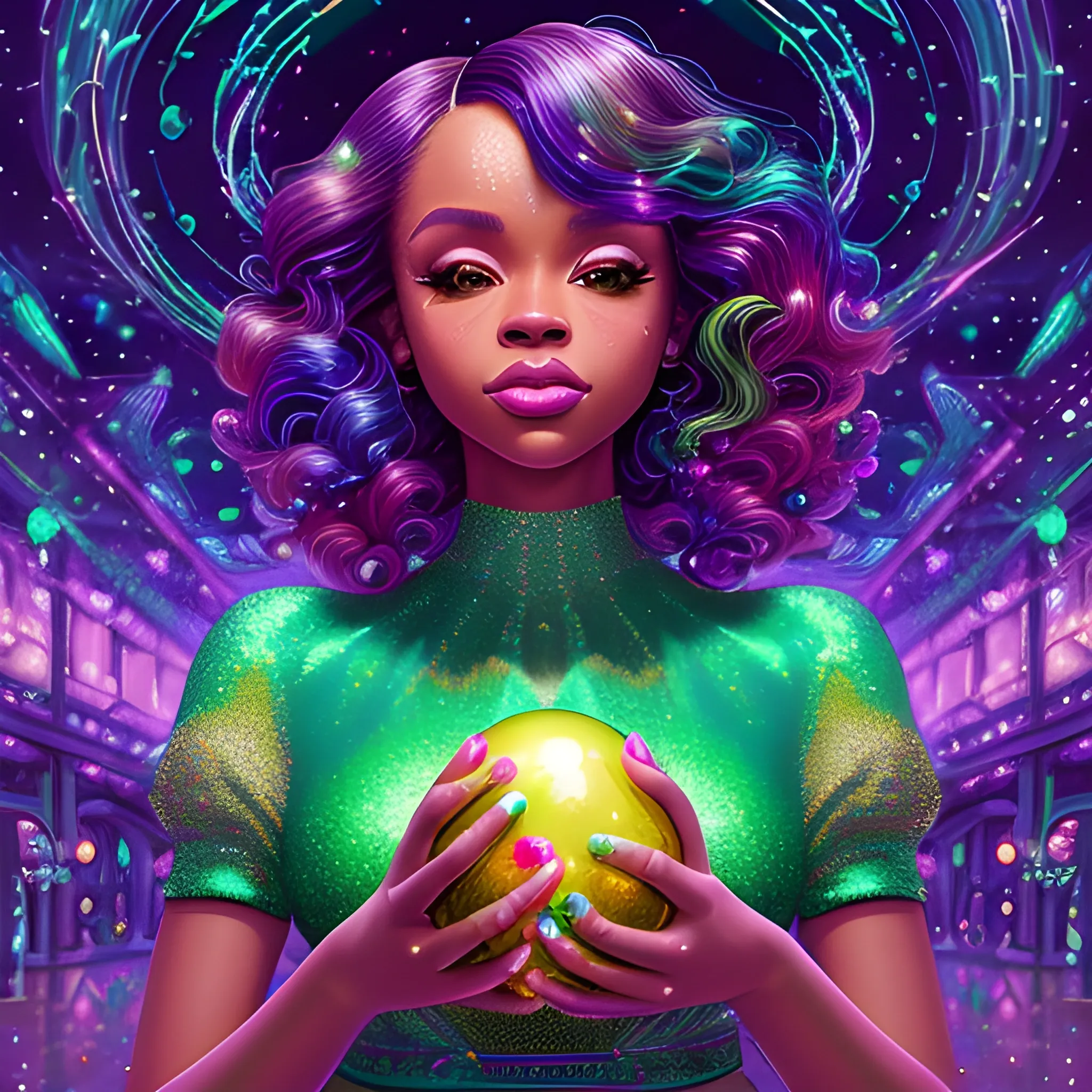 Charlotte Ayanna, perfect, anatomically correct perfect body, highly detailed beautiful face, green midriff dress, meticulously detailed multi-hued long dark curly hair, holding a purple ball in her hand; digital painting, smooth, sharp focus, colorful illustration, art by Lisa Frank, James R. Eads, artgerm and Maxfield Parrish; luminous color sparkles, glitter, neon, airbrush, Unreal Engine 5, Fausto-Giurescu, Tania Rivilis, Dan Mumford; luminous colorful sparkles, glitter, airbrush, depth of field, volumetric lighting, downtown