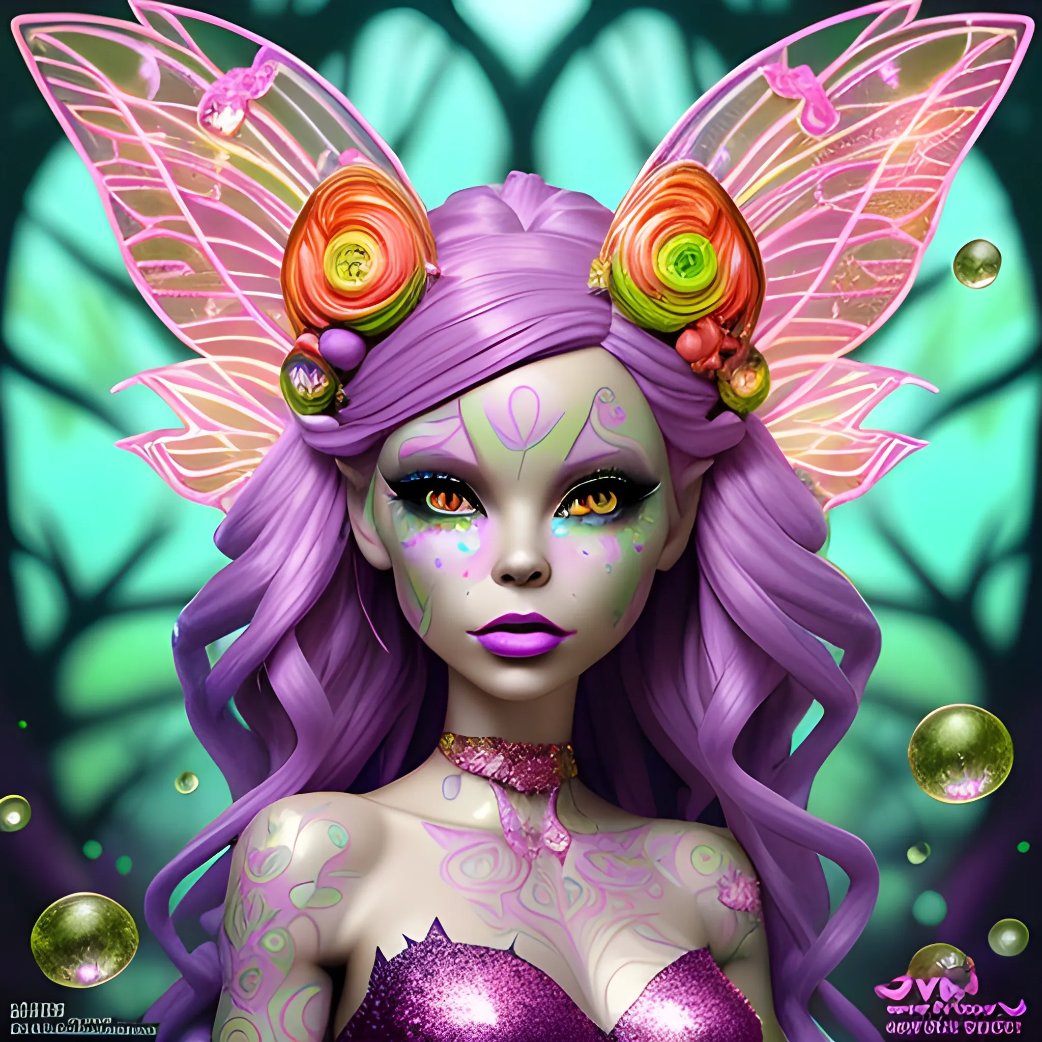  Mythical Fairy: monster High doll: vines: woman: fairy wings: forest: nature: orange and pink: detailed: glitter, airbrush, luminous color sparkles; graffiti art, splash art, street art, spray paint, oil gouache melting, acrylic, high contrast, colorful polychromatic, ultra detailed, ultra quality, CGSociety, 3D; hyperdetailed face of Rosie Perez