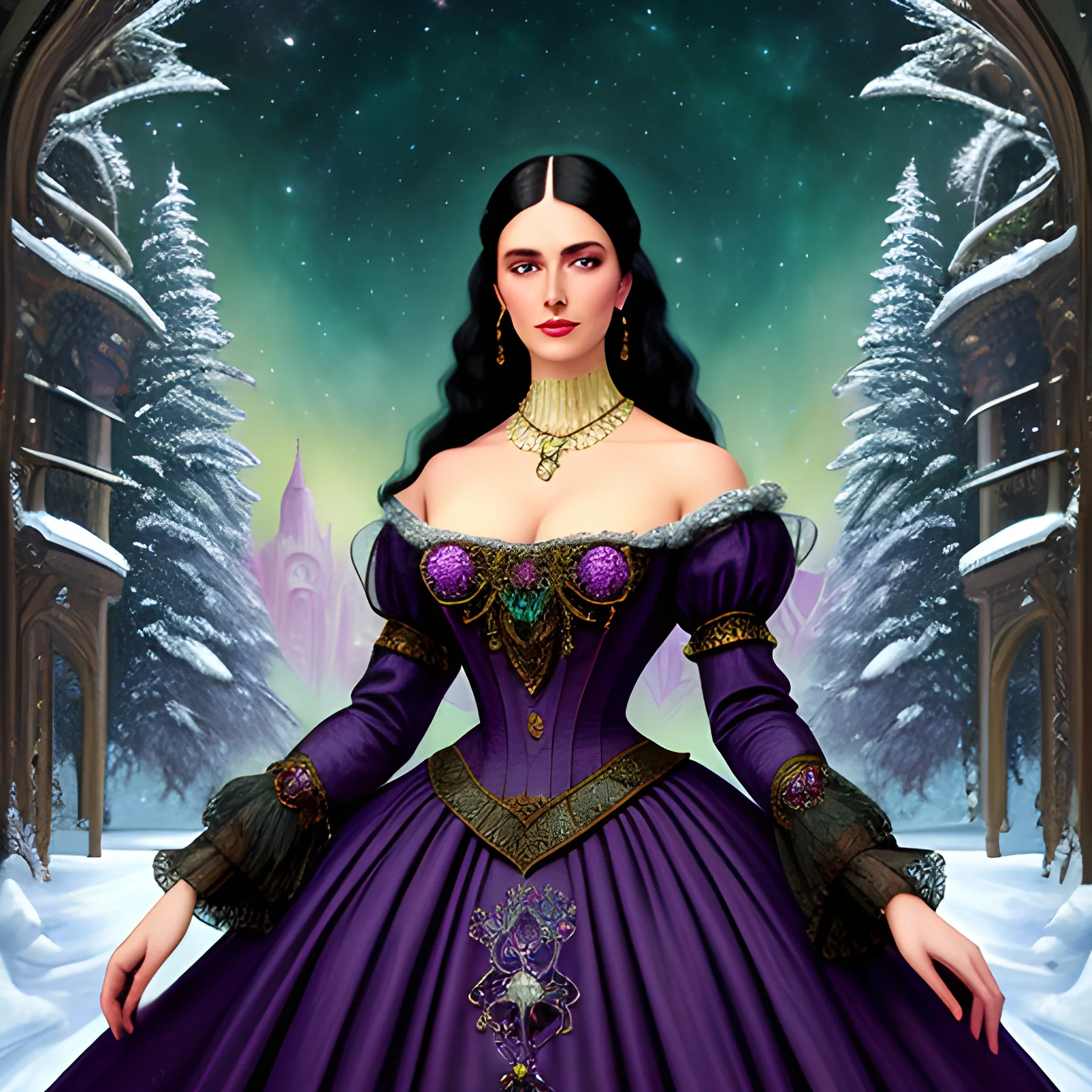 Lilac Princess, full body shot; beautiful woman wears a lavender sequined dress. She has long, sleek black hair, and stands in front of snow-covered pine trees and an icy river. Her features are symmetrical, lovely, and anatomically correct. She wears amethyst jewelry. Lips are soft, in a slight smile; behind her a cityscape, and full smooth moon in a nebula sky, clouds; fantasy, Vintage Art, 16k resolution, intricately detailed, Renaissance, Chromolithography Soft Shading; ethereal fantasy, realistic oil painting. Victorian era, glitter, old fashioned, vintage, antique, renaissance, gothic, eldritch, highly intricate, sophisticated and complex digital painting, concept art, hyperrealism, Cinema 4D, 8k resolution, 64 megapixels, CGSociety, ZBrushCentral, behance HD, hypermaximalist, parallax
