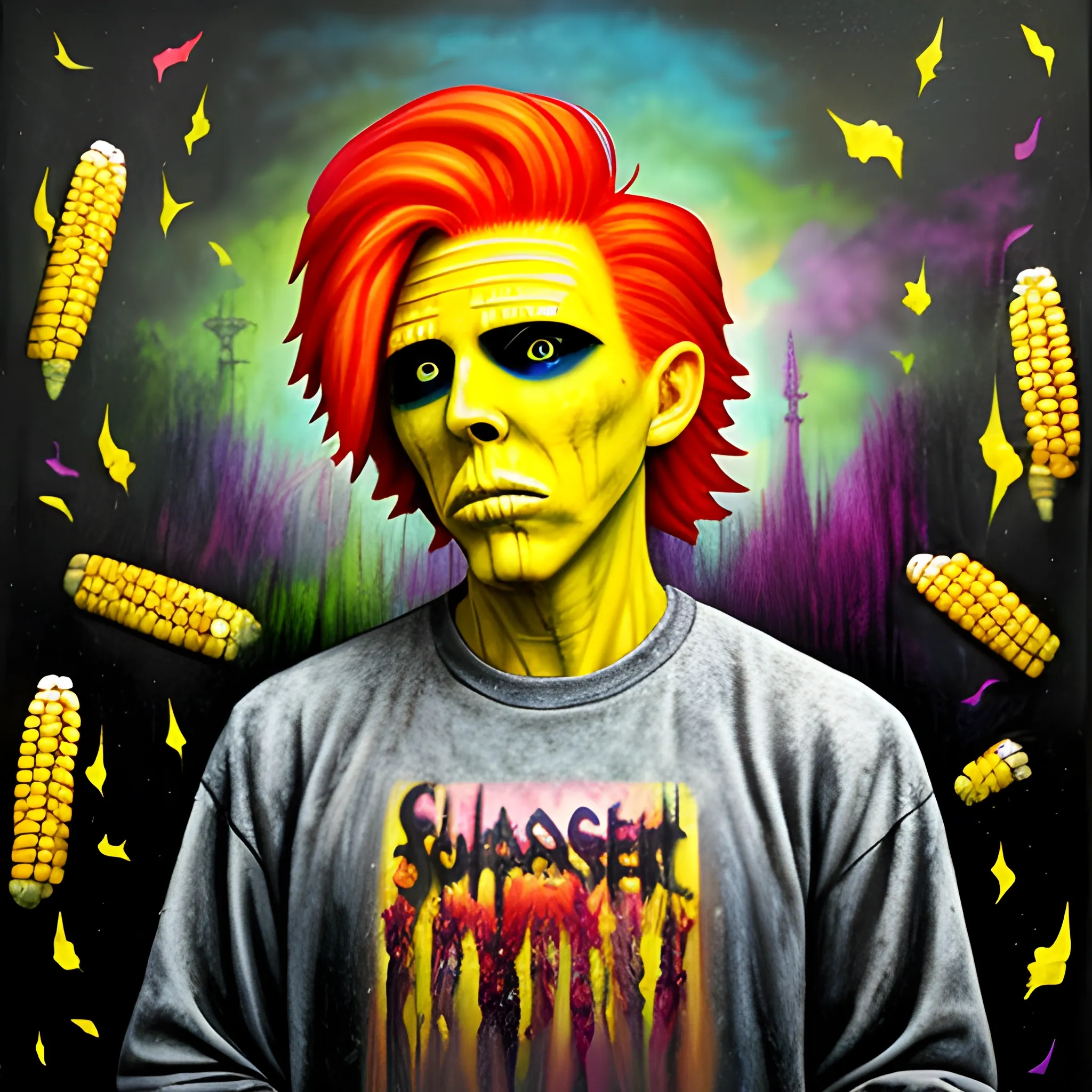  Masterpiece, scenic;  redhead Courtney Gains; neon spray paint, acrylic paint, fantastical surrealist world, corn cob, yellow corn; in the style of Stephen Gammell and Shawn Coss