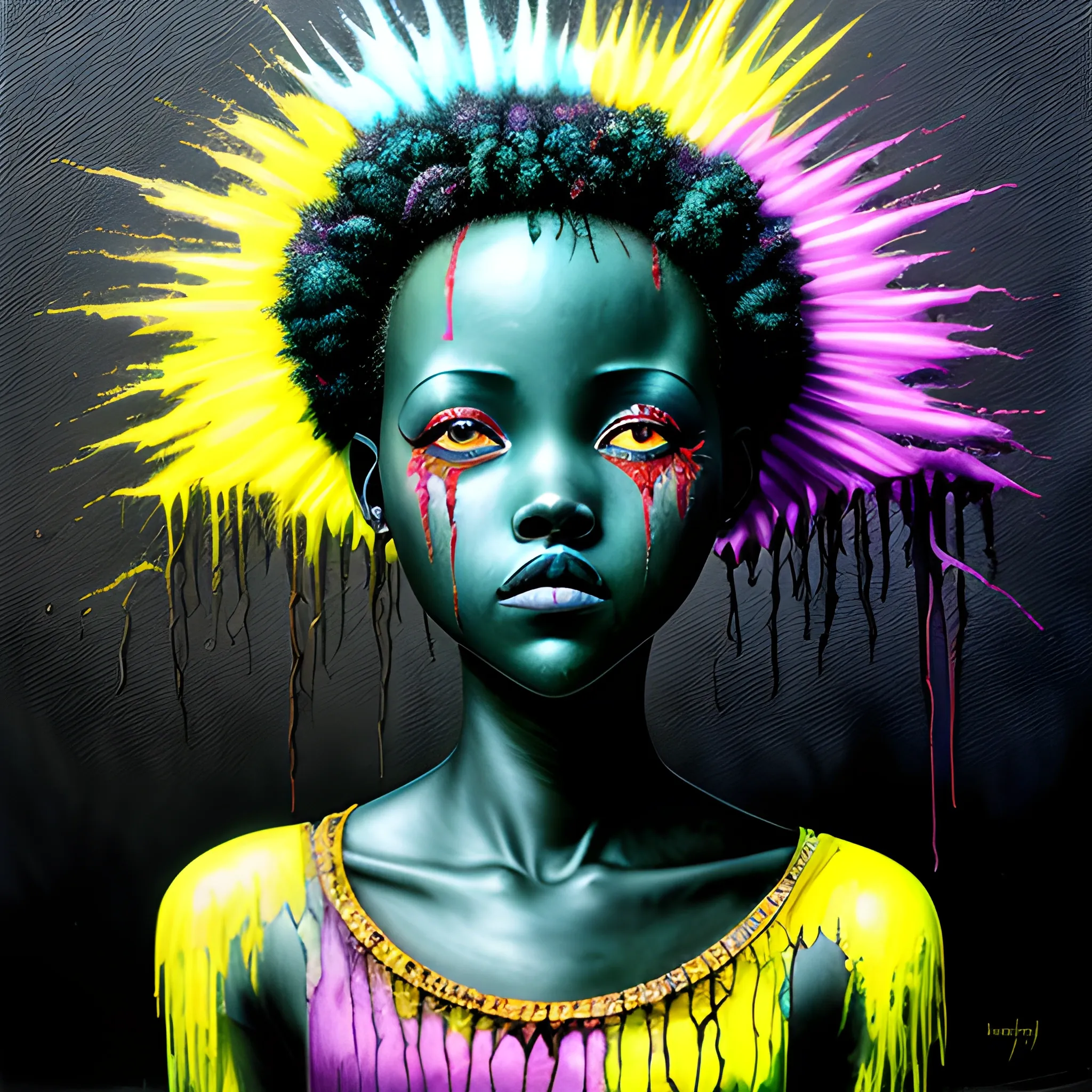  Masterpiece, scenic; Lupita Nyong'o; neon spray paint, acrylic paint, fantastical surrealist world, in the style of Stephen Gammell and Shawn Coss, extremely detailed, sick, gothic, eldritch, markers, crayons, oil pastels