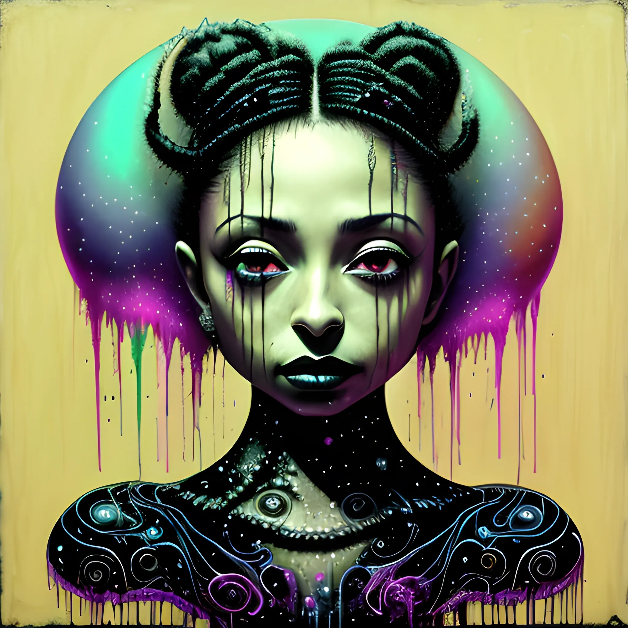  Masterpiece, scenic; Sade Adu; neon spray paint, acrylic paint, fantastical surrealist world, in the style of Stephen Gammell and Shawn Coss, extremely detailed, sick, gothic, eldritch; extreme neon color, stars, glitter, sparkles