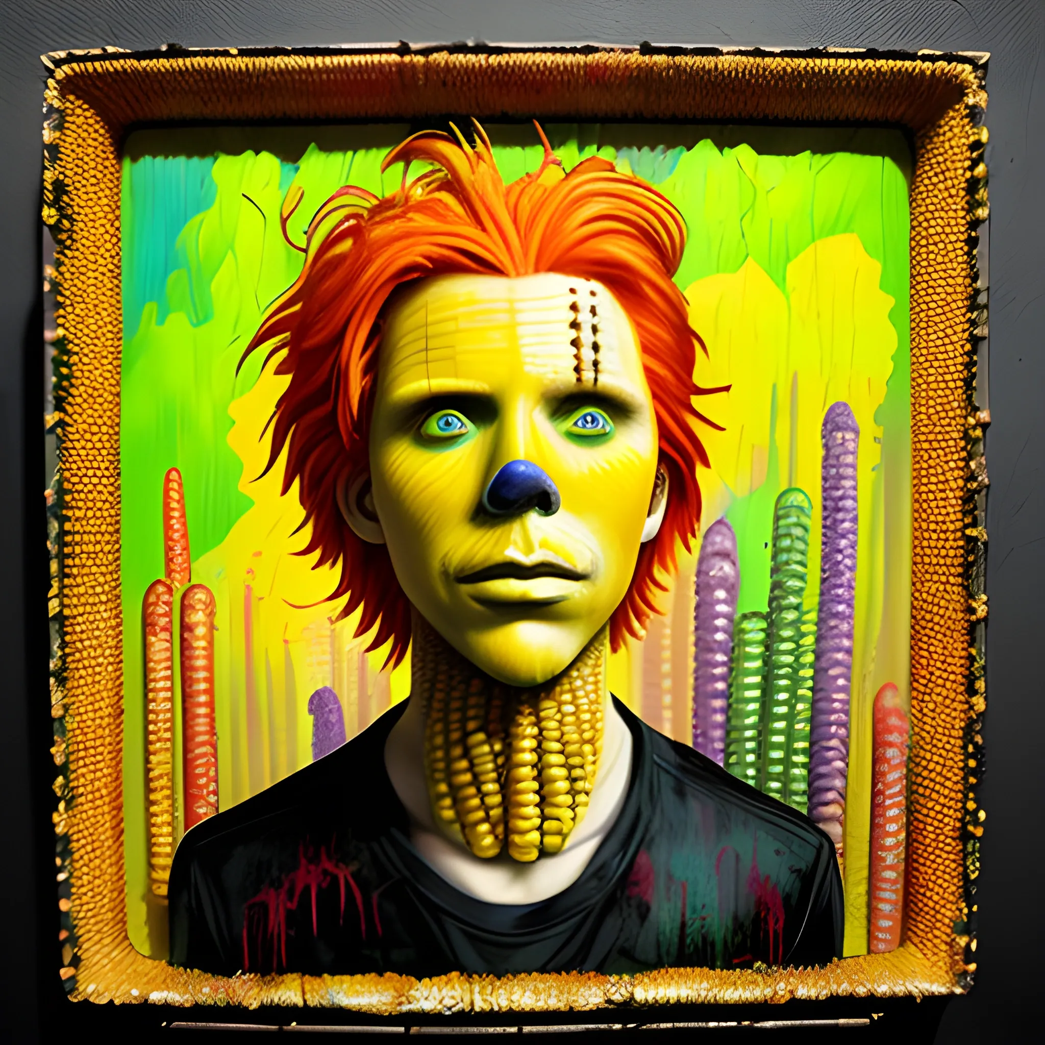  Masterpiece, scenic;  redhead Courtney Gains; neon spray paint, acrylic paint, fantastical surrealist world, corn cob, yellow corn; in the style of Stephen Gammell and Shawn Coss