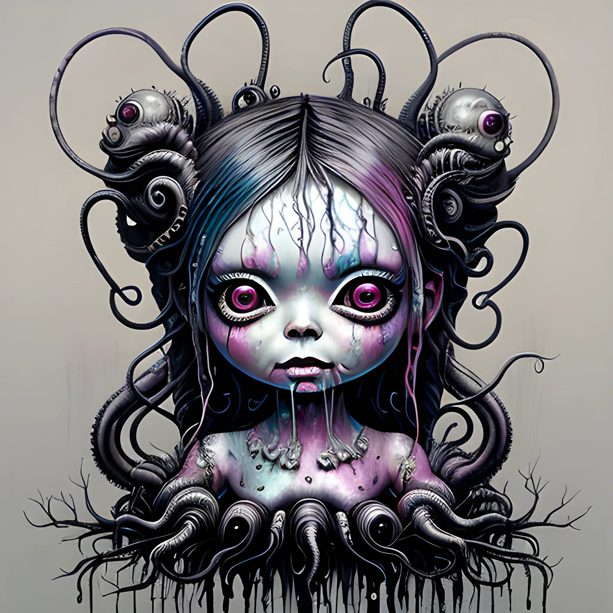  Masterpiece, scenic; Bjork; neon spray paint, acrylic paint, fantastical surrealist world, in the style of Stephen Gammell and Shawn Coss, extremely detailed, sick, gothic, eldritch: chibi kawaii tentacles