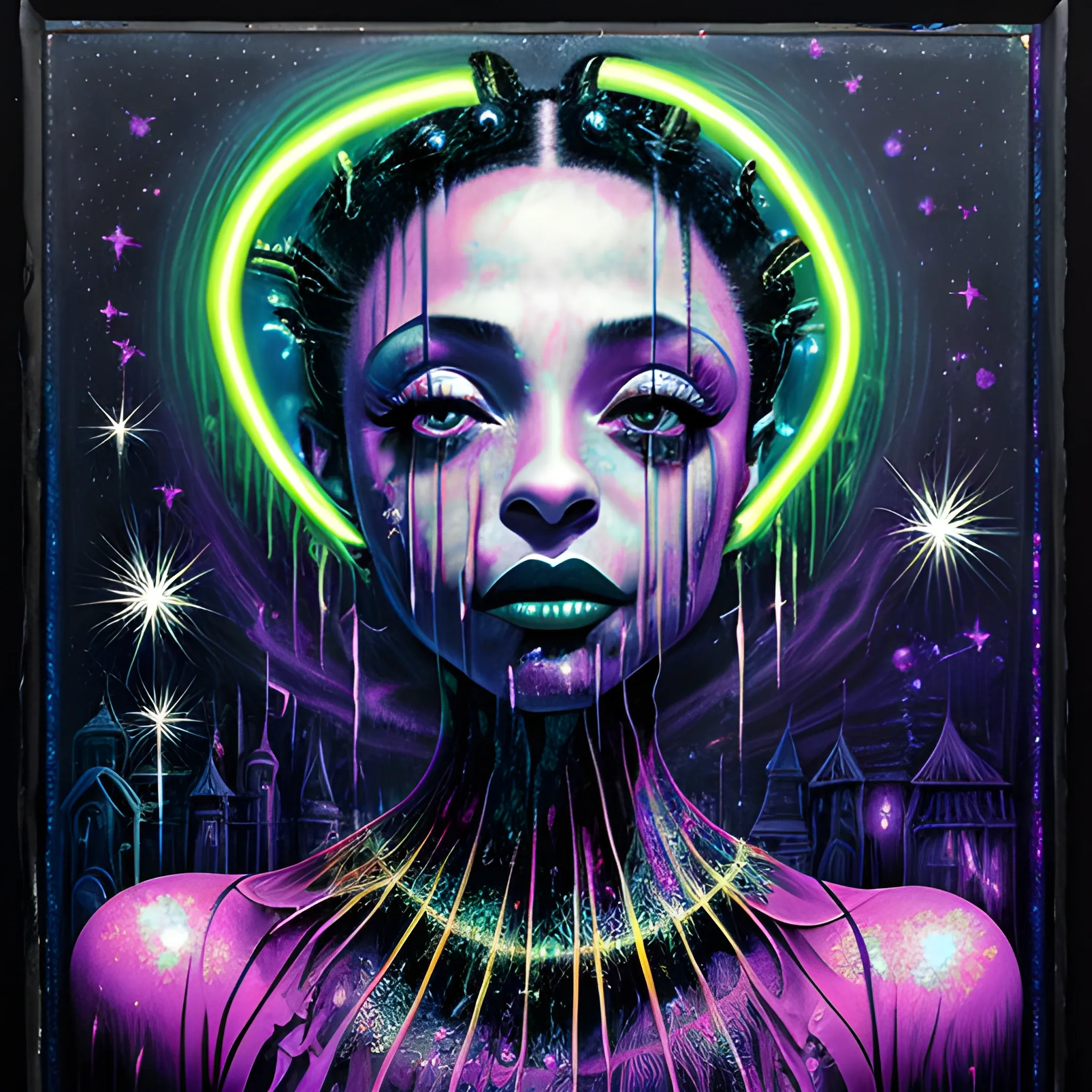  Masterpiece, scenic; Sade Adu; neon spray paint, acrylic paint, fantastical surrealist world, in the style of Stephen Gammell and Shawn Coss, extremely detailed, sick, gothic, eldritch; extreme neon color, stars, glitter, sparkles