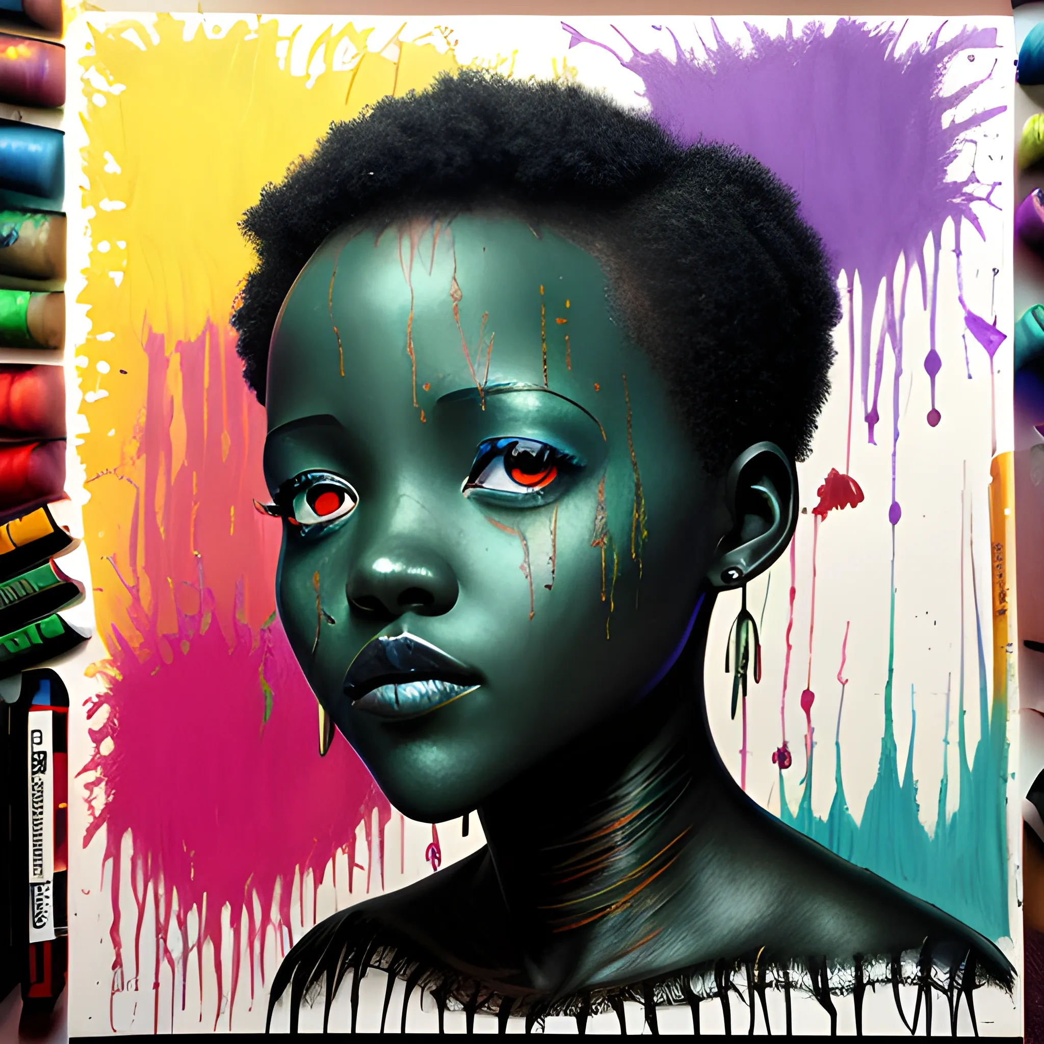  Masterpiece, scenic; Lupita Nyong'o; neon spray paint, acrylic paint, fantastical surrealist world, in the style of Stephen Gammell and Shawn Coss, extremely detailed, sick, gothic, eldritch, markers, crayons, oil pastels