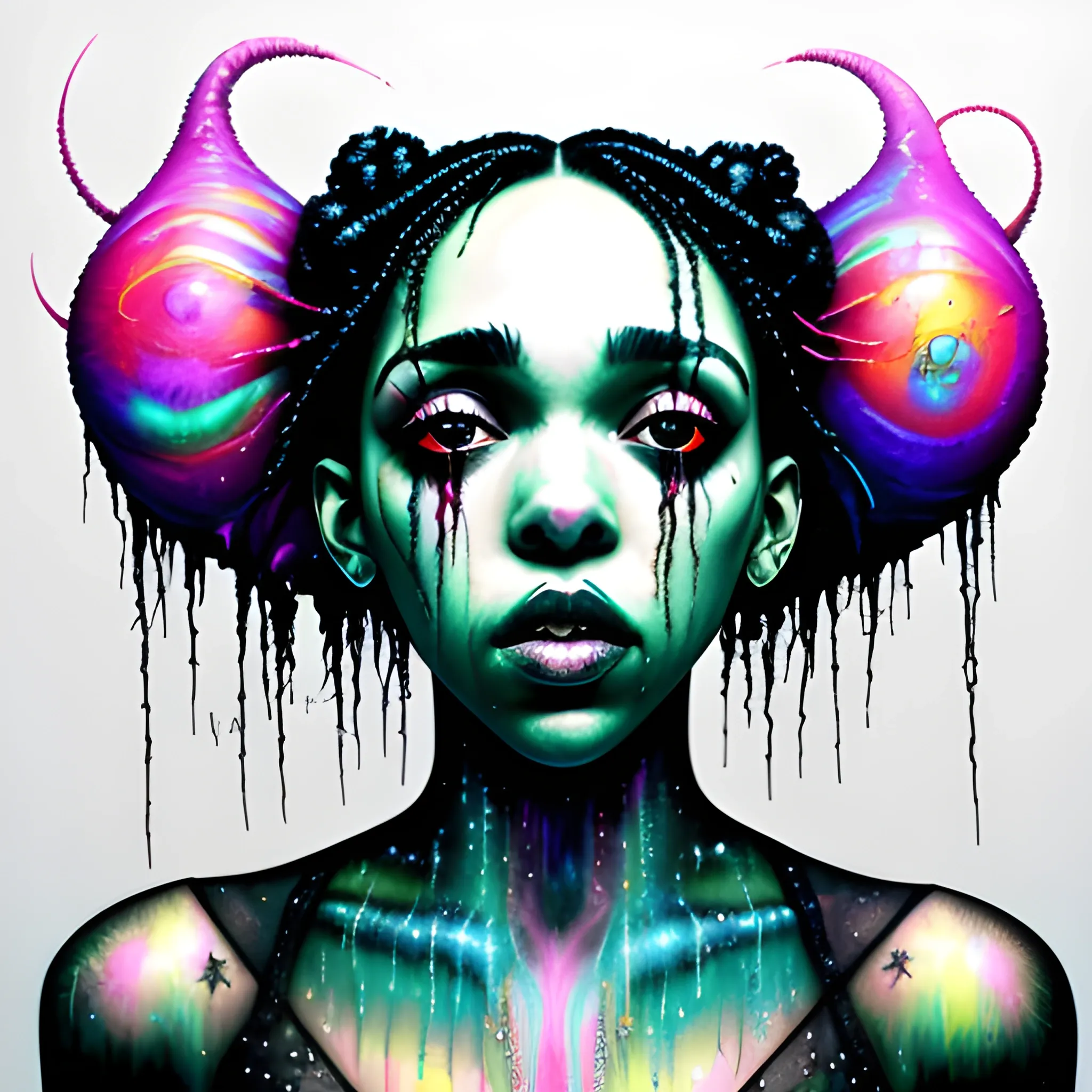  Masterpiece, scenic; FKA Twigs; neon spray paint, acrylic paint, fantastical surrealist world, in the style of Stephen Gammell and Shawn Coss, extremely detailed, sick, gothic, eldritch; extreme neon color, stars, glitter, sparkles