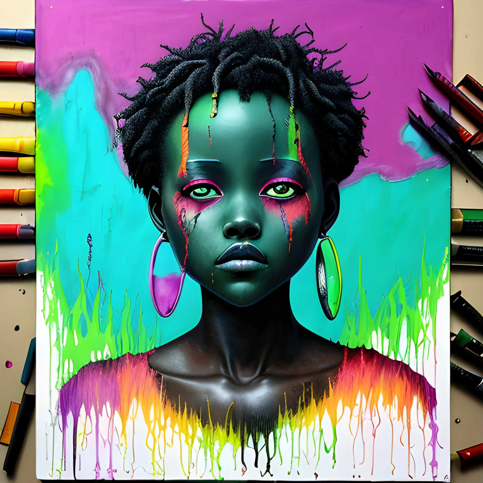  Masterpiece, scenic; Lupita Nyong'o; neon spray paint, acrylic paint, fantastical surrealist world, in the style of Stephen Gammell and Shawn Coss, extremely detailed, sick, gothic, eldritch, markers, crayons, oil pastels