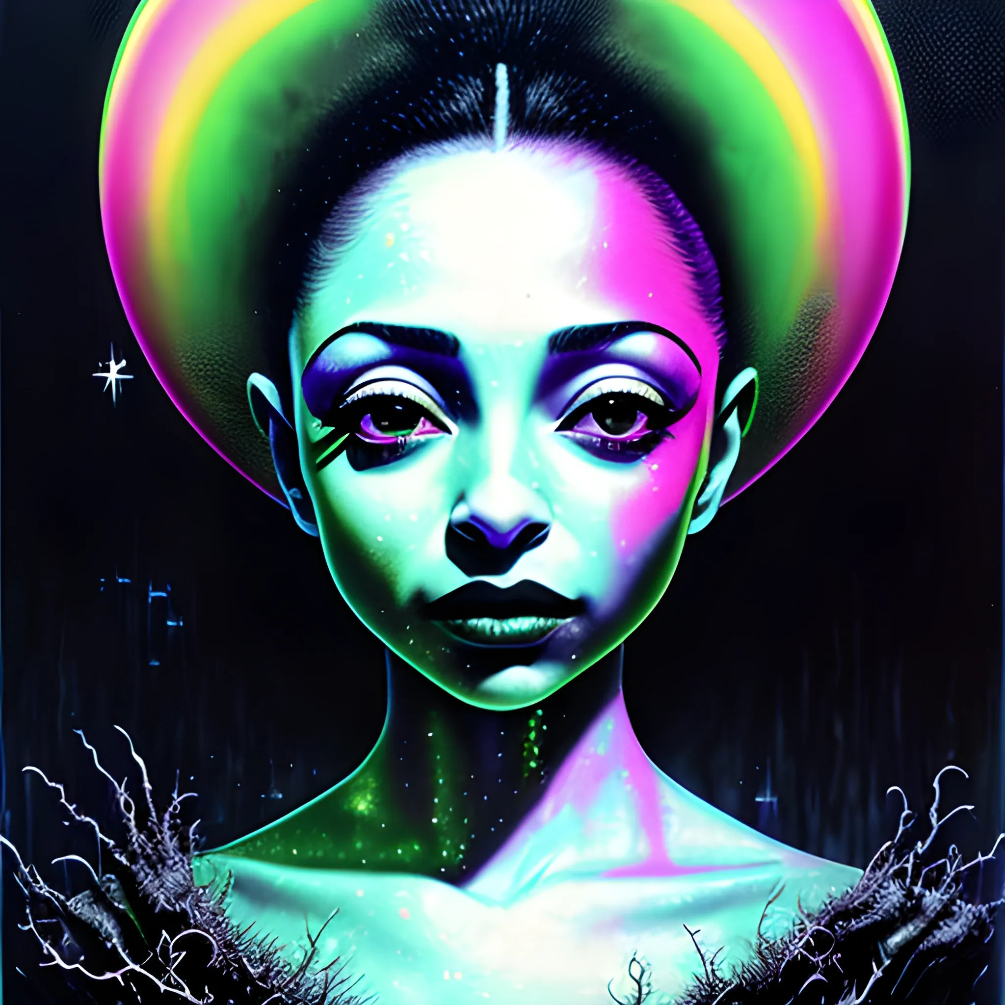  Masterpiece, scenic; Sade Adu; neon spray paint, acrylic paint, fantastical surrealist world, in the style of Stephen Gammell and Shawn Coss, extremely detailed, sick, gothic, eldritch; extreme neon color, stars, glitter, sparkles