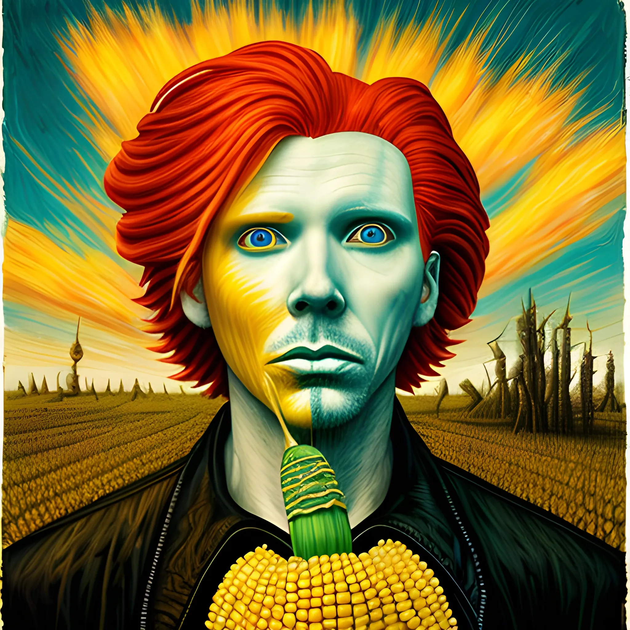  Masterpiece, scenic;  redhead Courtney Gains; neon spray paint, acrylic paint, fantastical surrealist world, corn cob, yellow corn; in the style of Stephen Gammell and Shawn Coss