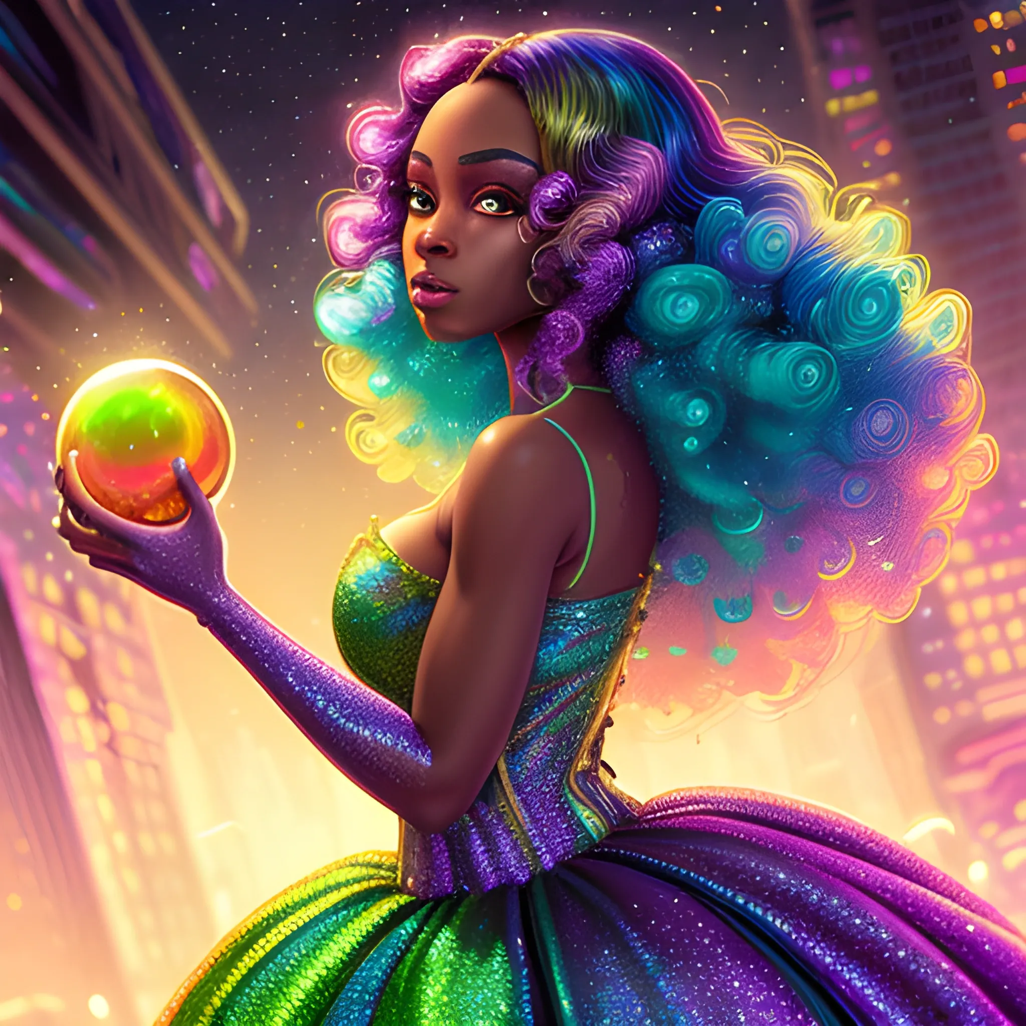 Charlotte Ayanna, perfect, anatomically correct perfect body, highly detailed beautiful face, green midriff dress, meticulously detailed multi-hued long dark curly hair, holding a purple ball in her hand; digital painting, smooth, sharp focus, colorful illustration, art by Lisa Frank, James R. Eads, artgerm and Maxfield Parrish; luminous color sparkles, glitter, neon, airbrush, Unreal Engine 5, Fausto-Giurescu, Tania Rivilis, Dan Mumford; luminous colorful sparkles, glitter, airbrush, depth of field, volumetric lighting, downtown