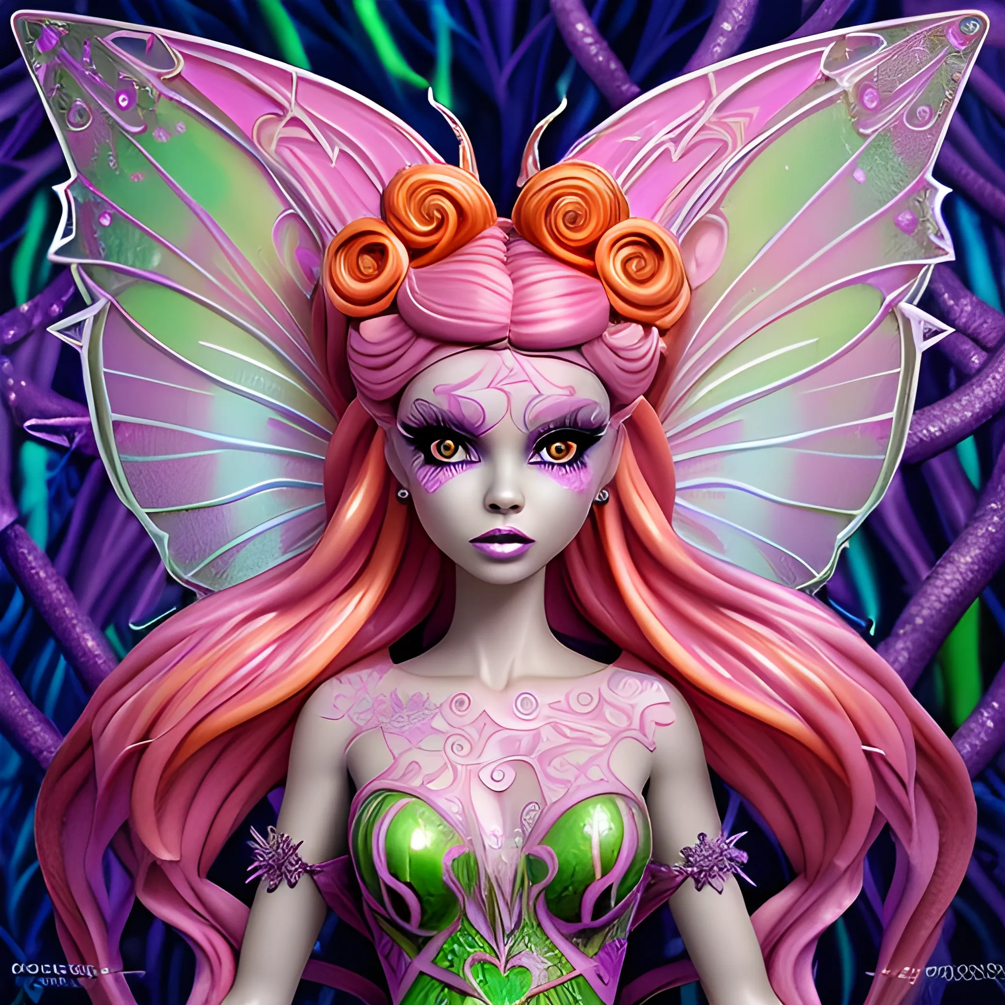  Mythical Fairy: monster High doll: vines: woman: fairy wings: forest: nature: orange and pink: detailed: glitter, airbrush, luminous color sparkles; graffiti art, splash art, street art, spray paint, oil gouache melting, acrylic, high contrast, colorful polychromatic, ultra detailed, ultra quality, CGSociety, 3D; hyperdetailed face of Rosie Perez