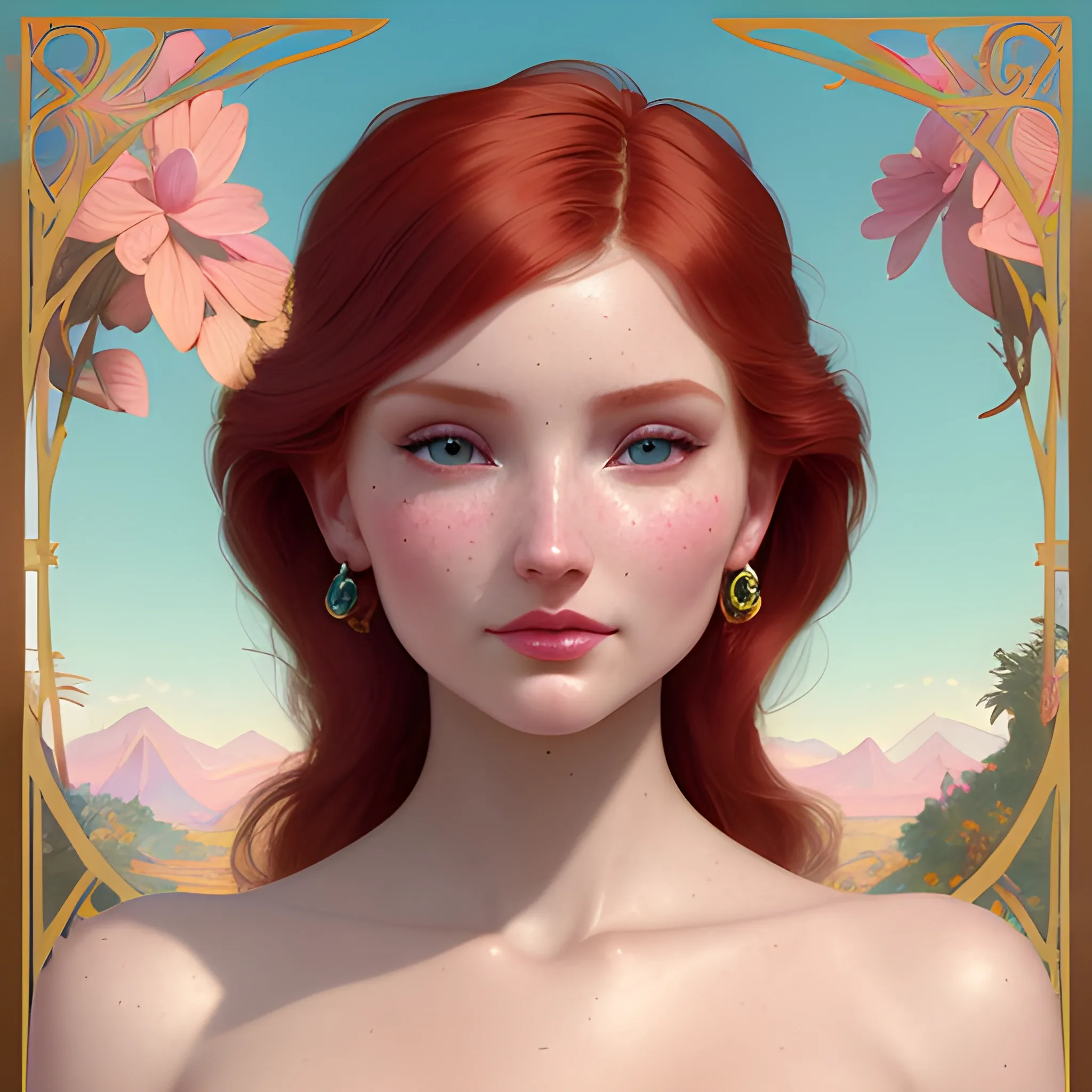 Elsa Hosk / Dove Cameron face morph; beautiful twins at a lotus pond; red hair, gold-hazel eyes; highly detailed beautiful faces; glitter, renaissance; high contrast, pastel, sorbet, pearlescent, Unreal Engine 5; by Dan Parent, Alphonse Mucha, Artgerm, WLOP, intricately detailed, fantasy, bizarre, beautiful, Chromolithography, Soft Shading, Unreal Engine; digital painting, smooth, sharp focus, illustration, art by lisa frank, Steve Goad, Frank Frazetta, William-Adolphe Bouguereau, Unreal Engine 5, Cartoon, 3D, Oil Painting; dark red hair