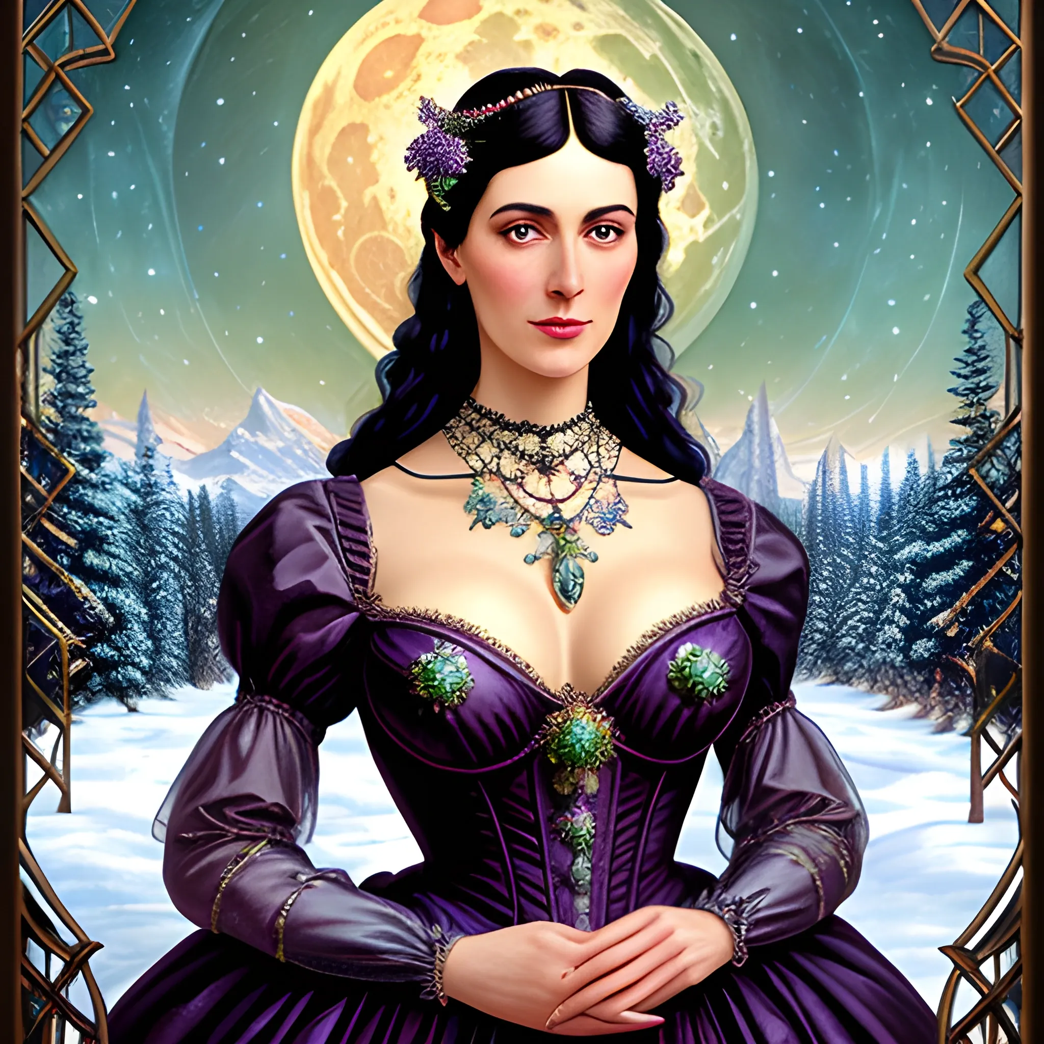 Lilac Princess, full body shot; beautiful woman wears a lavender sequined dress. She has long, sleek black hair, and stands in front of snow-covered pine trees and an icy river. Her features are symmetrical, lovely, and anatomically correct. She wears amethyst jewelry. Lips are soft, in a slight smile; behind her a cityscape, and full smooth moon in a nebula sky, clouds; fantasy, Vintage Art, 16k resolution, intricately detailed, Renaissance, Chromolithography Soft Shading; ethereal fantasy, realistic oil painting. Victorian era, glitter, old fashioned, vintage, antique, renaissance, gothic, eldritch, highly intricate, sophisticated and complex digital painting, concept art, hyperrealism, Cinema 4D, 8k resolution, 64 megapixels, CGSociety, ZBrushCentral, behance HD, hypermaximalist, parallax
