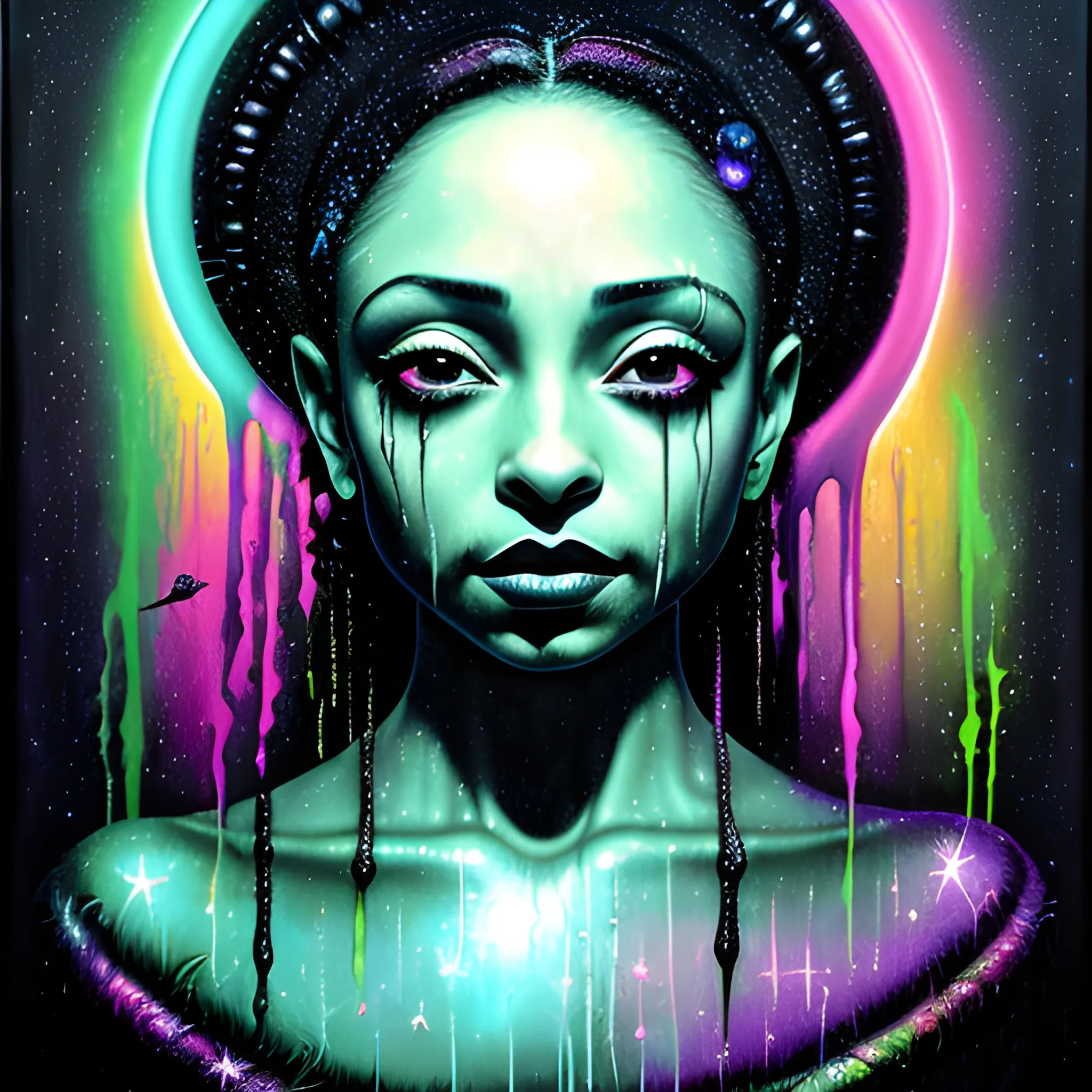  Masterpiece, scenic; Sade Adu; neon spray paint, acrylic paint, fantastical surrealist world, in the style of Stephen Gammell and Shawn Coss, extremely detailed, sick, gothic, eldritch; extreme neon color, stars, glitter, sparkles