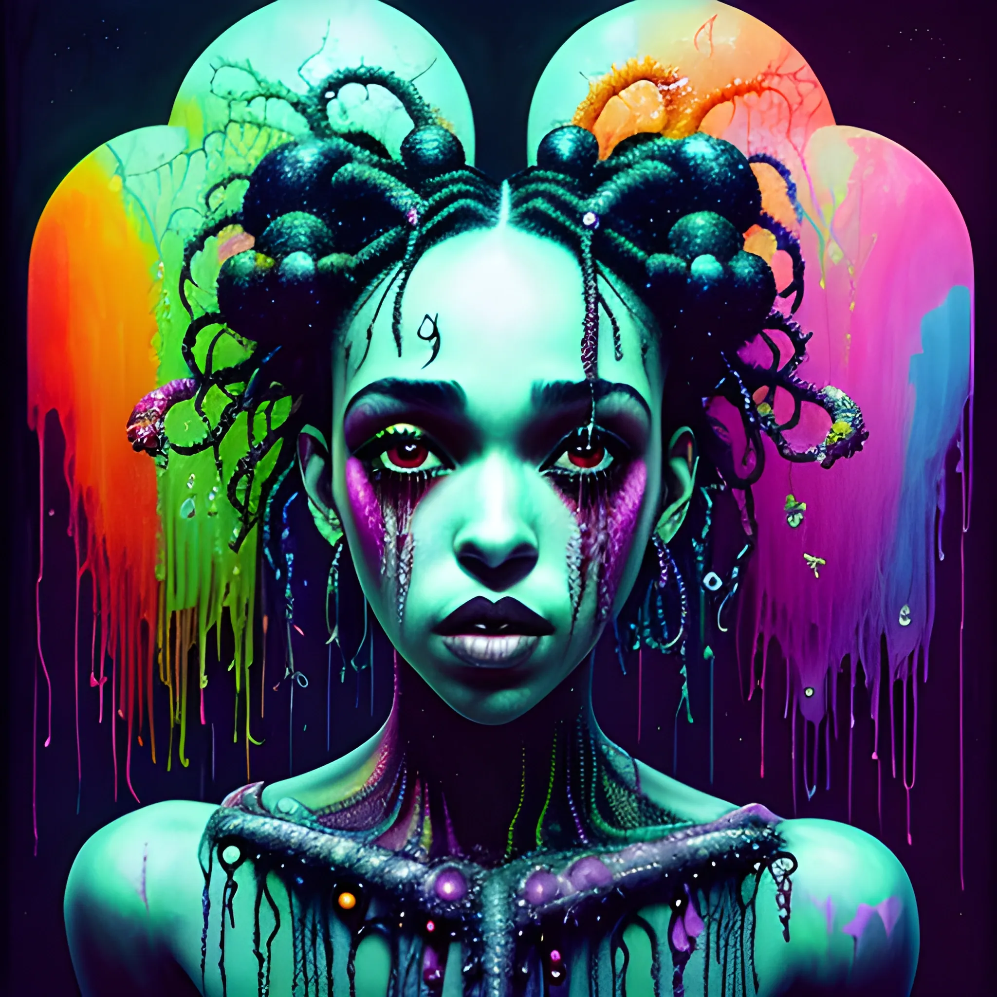  Masterpiece, scenic; FKA Twigs; neon spray paint, acrylic paint, fantastical surrealist world, in the style of Stephen Gammell and Shawn Coss, extremely detailed, sick, gothic, eldritch; extreme neon color, stars, glitter, sparkles