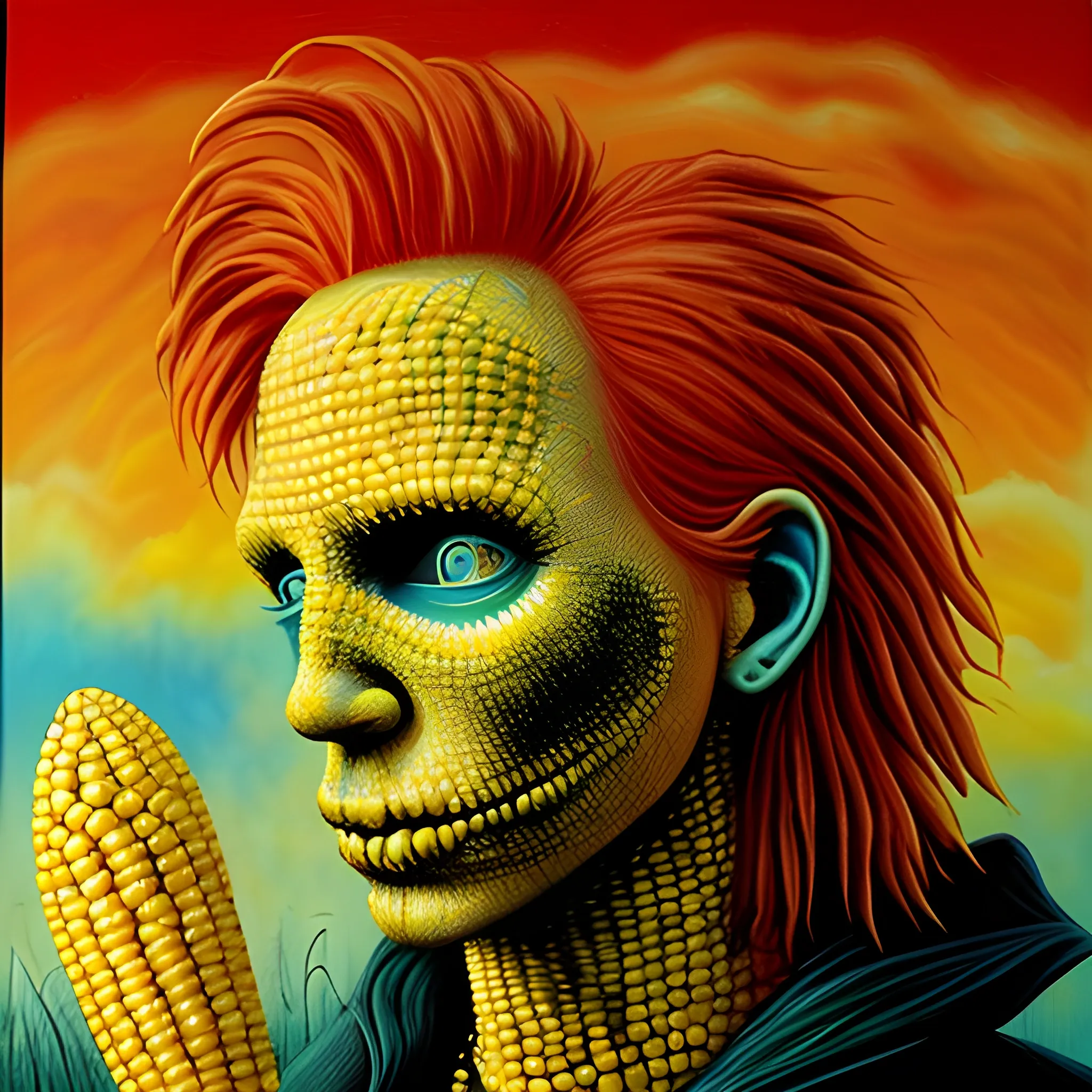  Masterpiece, scenic;  redhead Courtney Gains; neon spray paint, acrylic paint, fantastical surrealist world, corn cob, yellow corn; in the style of Stephen Gammell and Shawn Coss