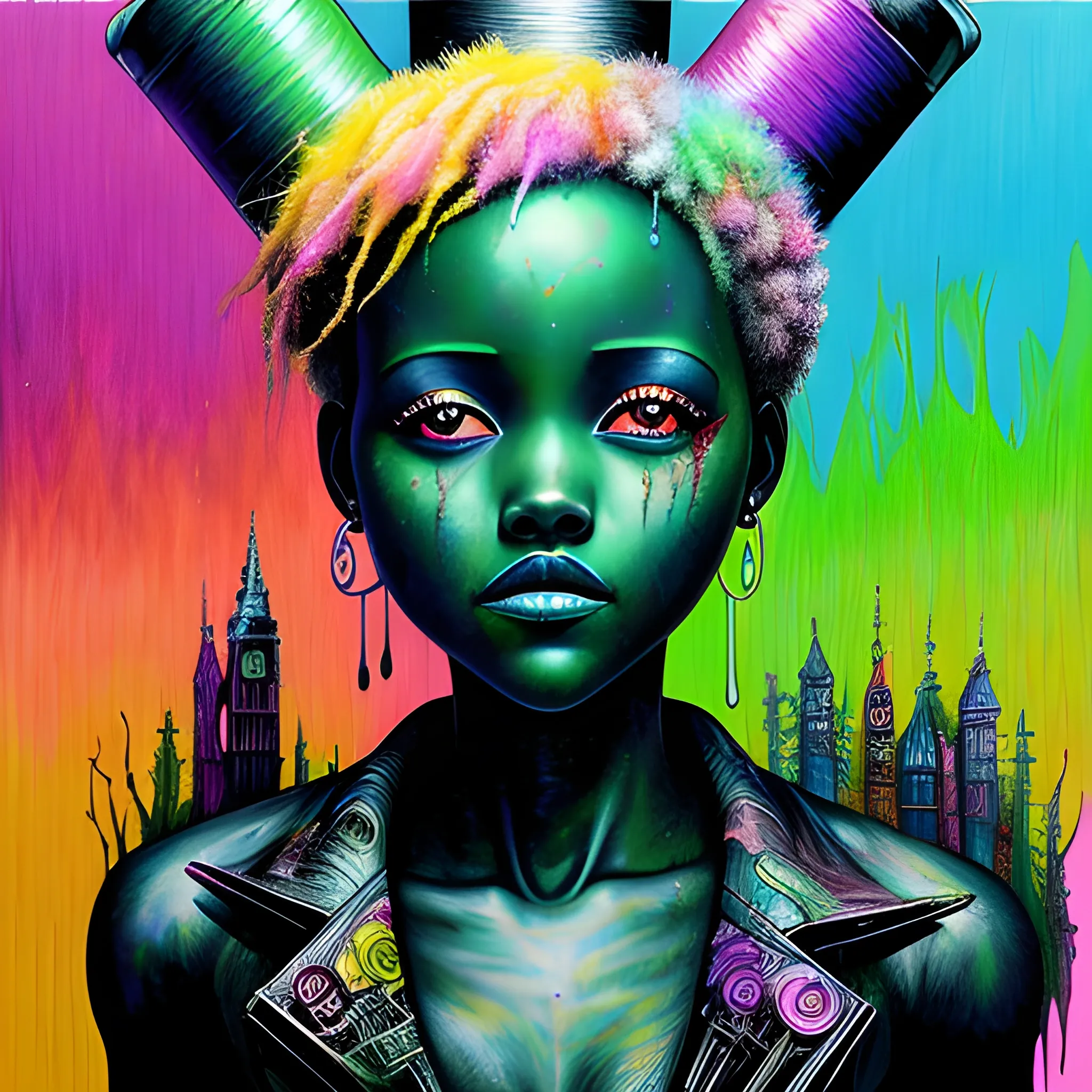  Masterpiece, scenic; Lupita Nyong'o; neon spray paint, acrylic paint, fantastical surrealist world, in the style of Stephen Gammell and Shawn Coss, extremely detailed, sick, gothic, eldritch, markers, crayons, oil pastels