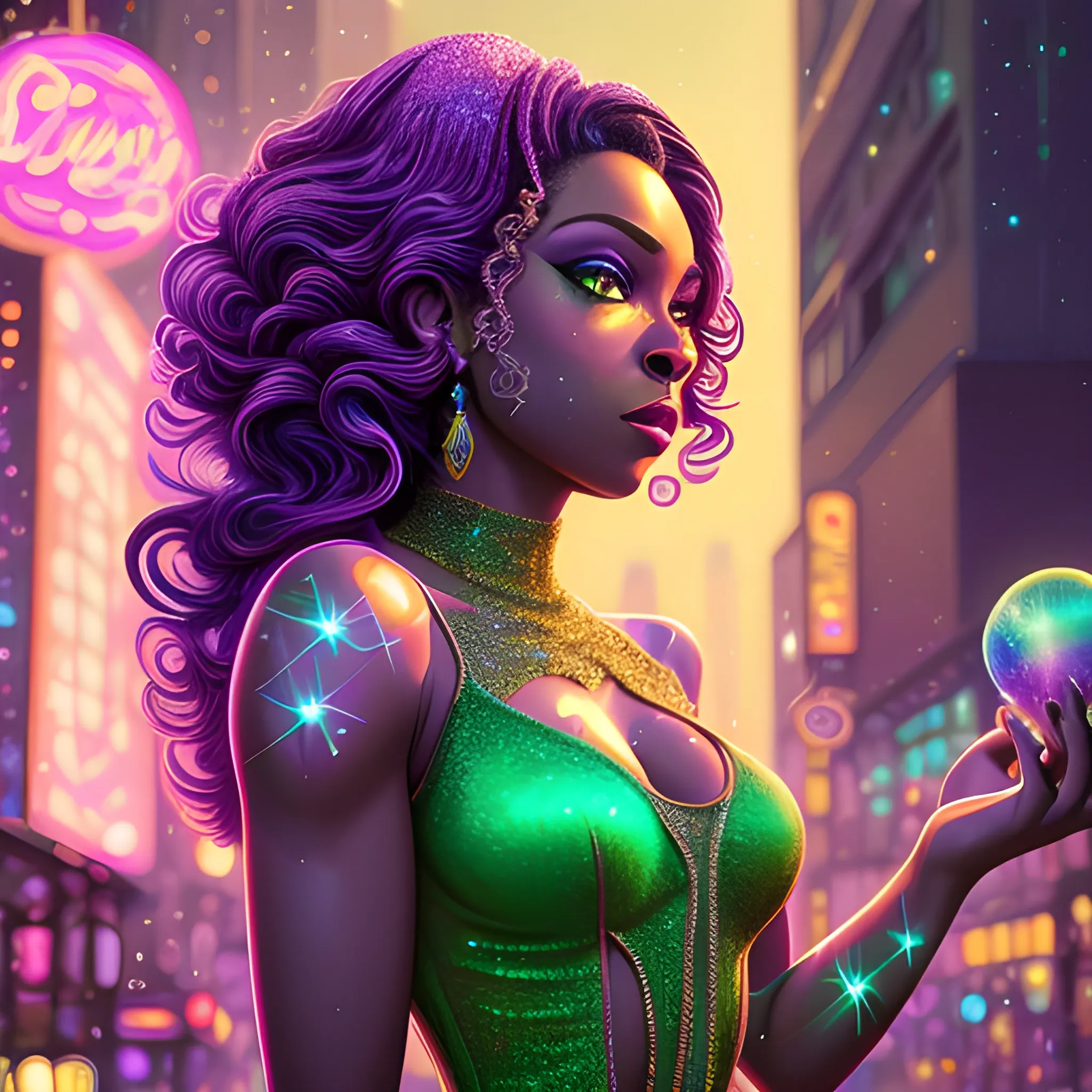 Charlotte Ayanna, perfect, anatomically correct perfect body, highly detailed beautiful face, green midriff dress, meticulously detailed multi-hued long dark curly hair, holding a purple ball in her hand; digital painting, smooth, sharp focus, colorful illustration, art by Lisa Frank, James R. Eads, artgerm and Maxfield Parrish; luminous color sparkles, glitter, neon, airbrush, Unreal Engine 5, Fausto-Giurescu, Tania Rivilis, Dan Mumford; luminous colorful sparkles, glitter, airbrush, depth of field, volumetric lighting, downtown