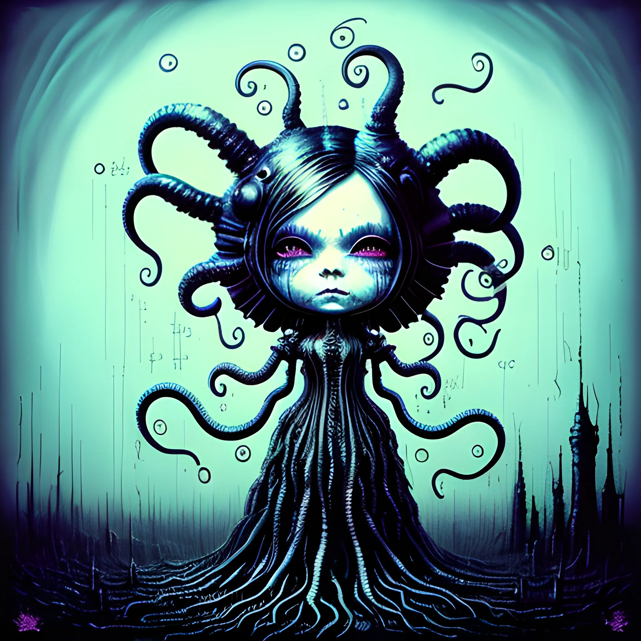  Masterpiece, scenic; Bjork; neon spray paint, acrylic paint, fantastical surrealist world, in the style of Stephen Gammell and Shawn Coss, extremely detailed, sick, gothic, eldritch: chibi kawaii tentacles