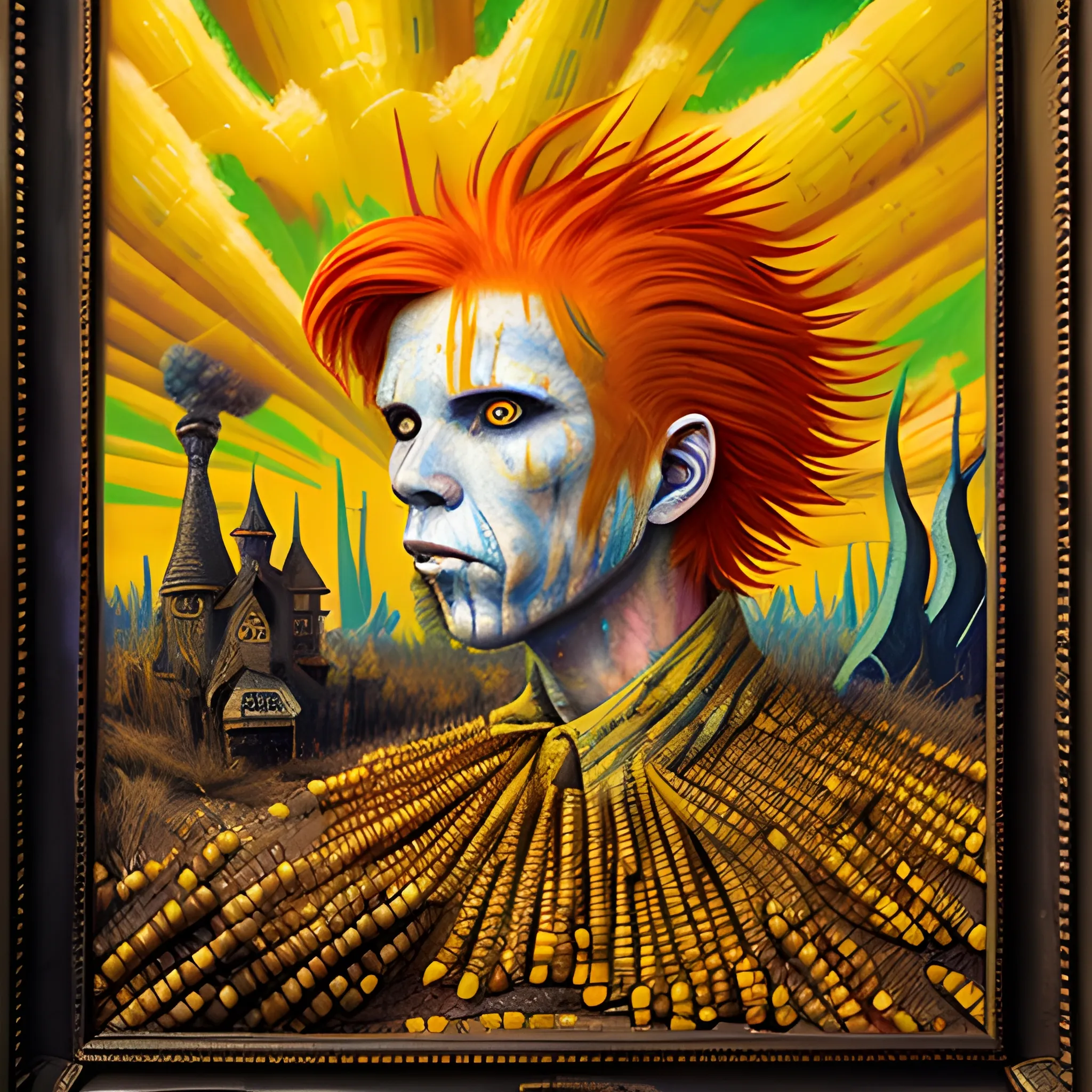  Masterpiece, scenic;  redhead Courtney Gains; neon spray paint, acrylic paint, fantastical surrealist world, corn cob, yellow corn; in the style of Stephen Gammell and Shawn Coss