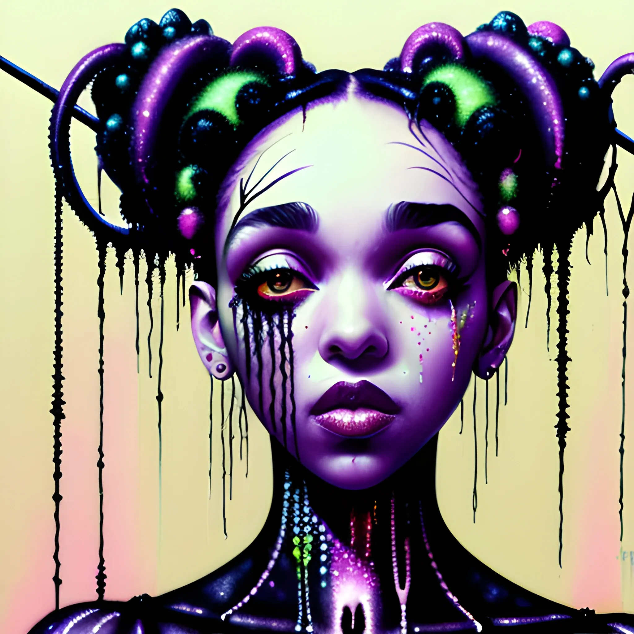  Masterpiece, scenic; FKA Twigs; neon spray paint, acrylic paint, fantastical surrealist world, in the style of Stephen Gammell and Shawn Coss, extremely detailed, sick, gothic, eldritch; extreme neon color, stars, glitter, sparkles