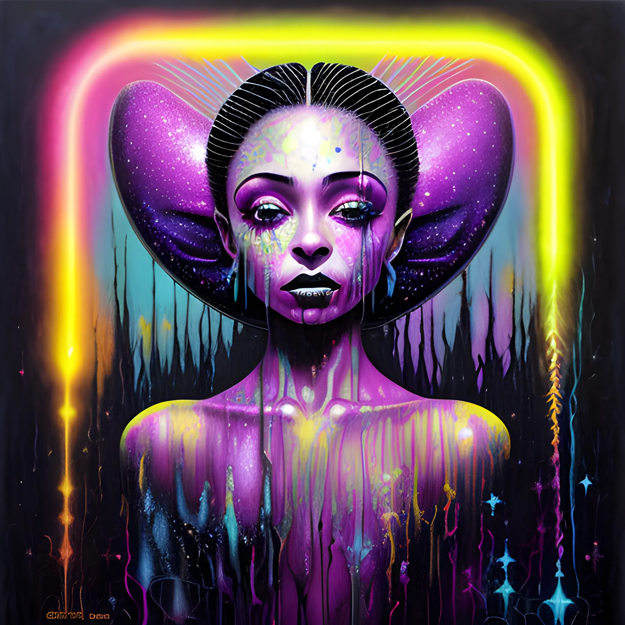  Masterpiece, scenic; Sade Adu; neon spray paint, acrylic paint, fantastical surrealist world, in the style of Stephen Gammell and Shawn Coss, extremely detailed, sick, gothic, eldritch; extreme neon color, stars, glitter, sparkles