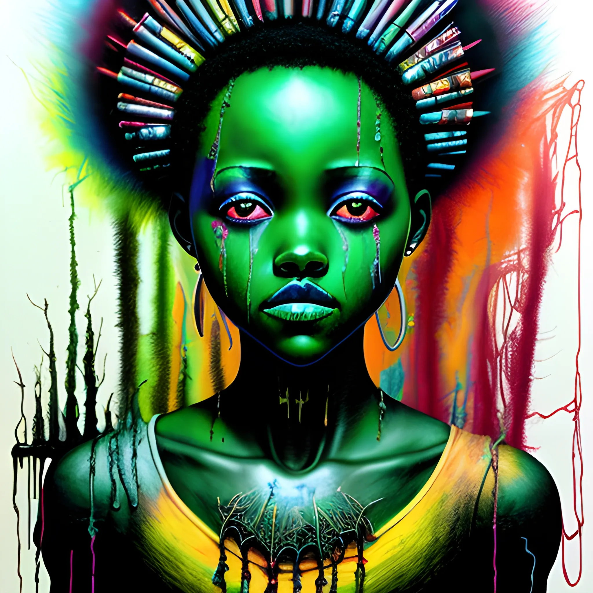  Masterpiece, scenic; Lupita Nyong'o; neon spray paint, acrylic paint, fantastical surrealist world, in the style of Stephen Gammell and Shawn Coss, extremely detailed, sick, gothic, eldritch, markers, crayons, oil pastels