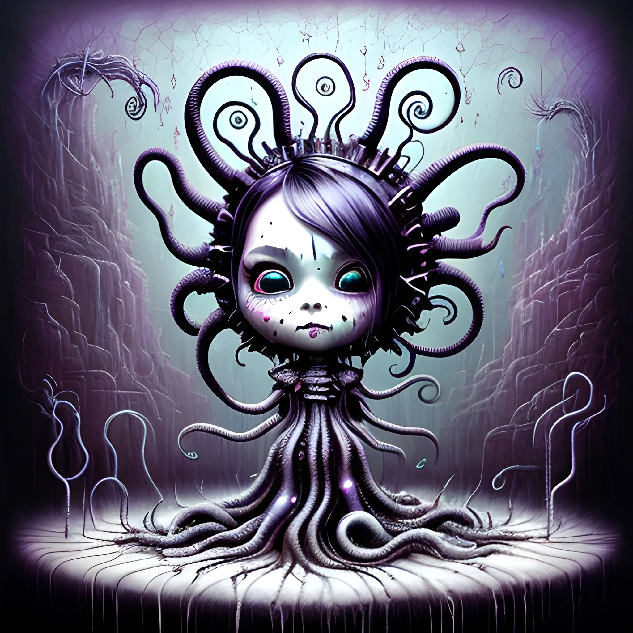  Masterpiece, scenic; Bjork; neon spray paint, acrylic paint, fantastical surrealist world, in the style of Stephen Gammell and Shawn Coss, extremely detailed, sick, gothic, eldritch: chibi kawaii tentacles