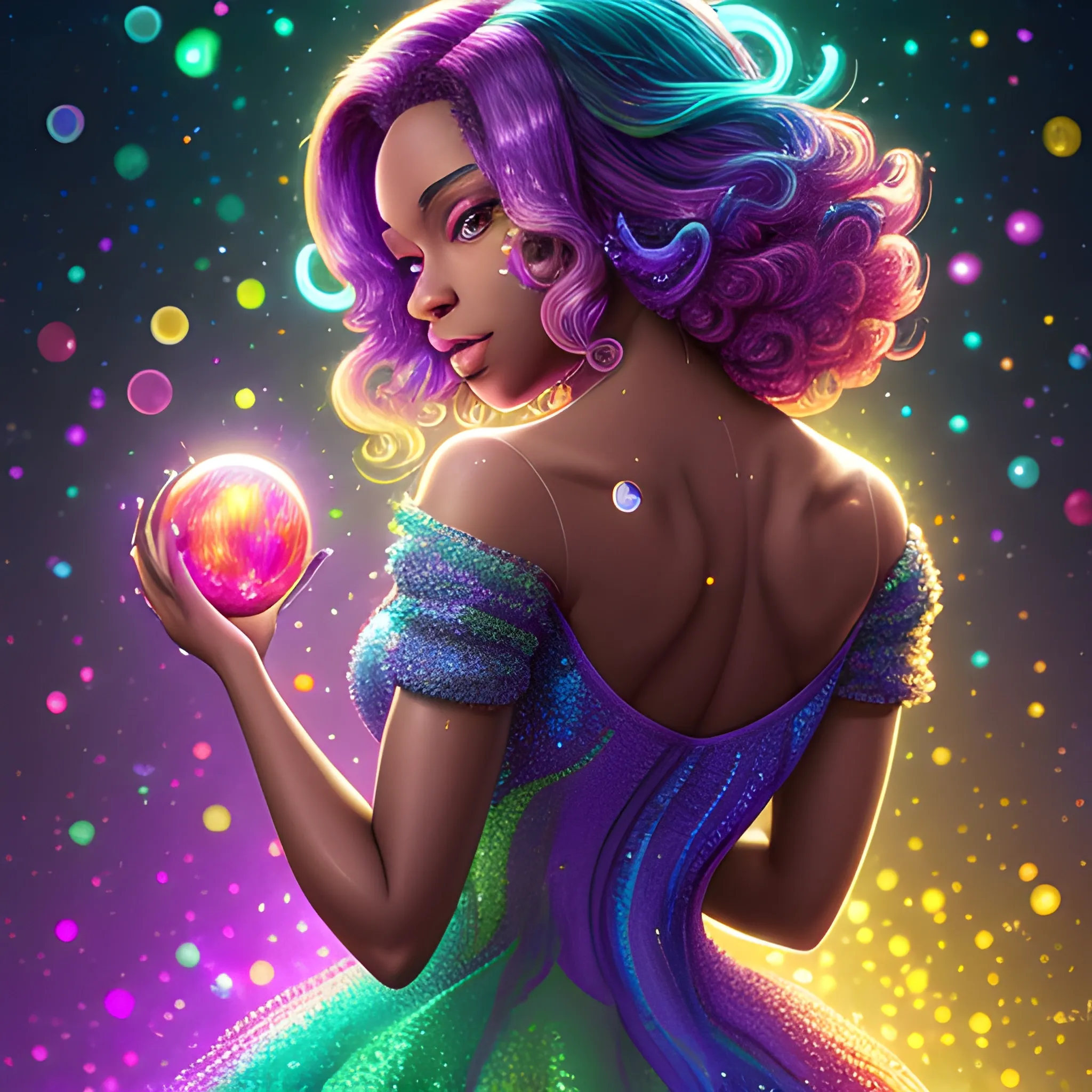 Charlotte Ayanna, perfect, anatomically correct perfect body, highly detailed beautiful face, green midriff dress, meticulously detailed multi-hued long dark curly hair, holding a purple ball in her hand; digital painting, smooth, sharp focus, colorful illustration, art by Lisa Frank, James R. Eads, artgerm and Maxfield Parrish; luminous color sparkles, glitter, neon, airbrush, Unreal Engine 5, Fausto-Giurescu, Tania Rivilis, Dan Mumford; luminous colorful sparkles, glitter, airbrush, depth of field, volumetric lighting, downtown