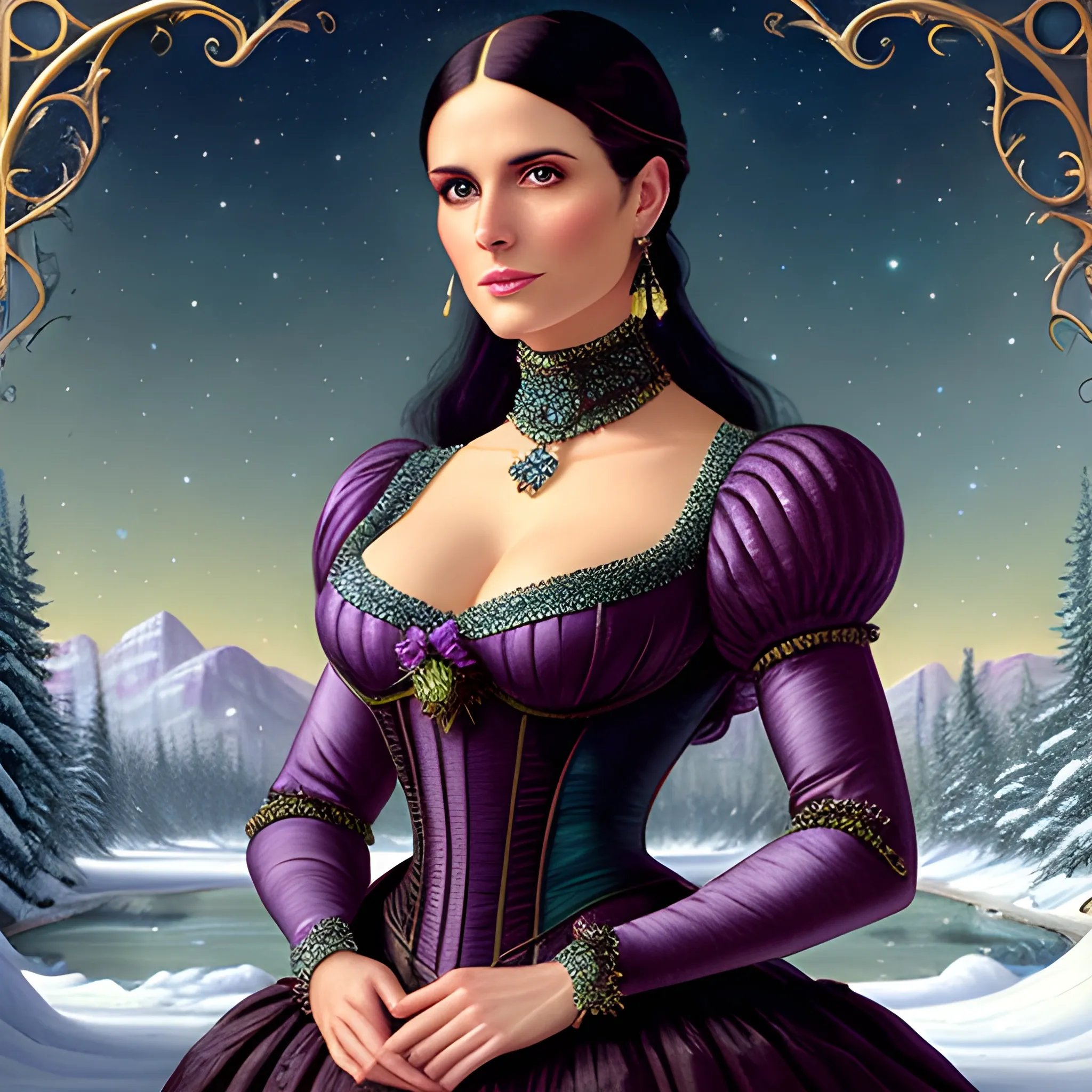 Lilac Princess, full body shot; Kate Mara / Rachel Leigh Cook face morph wears a lavender sequined dress. She has long, sleek black hair, and stands in front of snow-covered pine trees and an icy river. Her features are symmetrical, lovely, and anatomically correct. She wears amethyst jewelry. Lips are soft, in a slight smile; behind her a cityscape, and full smooth moon in a nebula sky, clouds; fantasy, Vintage Art, 16k resolution, intricately detailed, Renaissance, Chromolithography Soft Shading; ethereal fantasy, realistic oil painting. Victorian era, glitter, old fashioned, vintage, antique, renaissance, gothic, eldritch, highly intricate, sophisticated and complex digital painting, concept art, hyperrealism, Cinema 4D, 8k resolution, 64 megapixels, CGSociety, ZBrushCentral, behance HD, hypermaximalist, parallax
