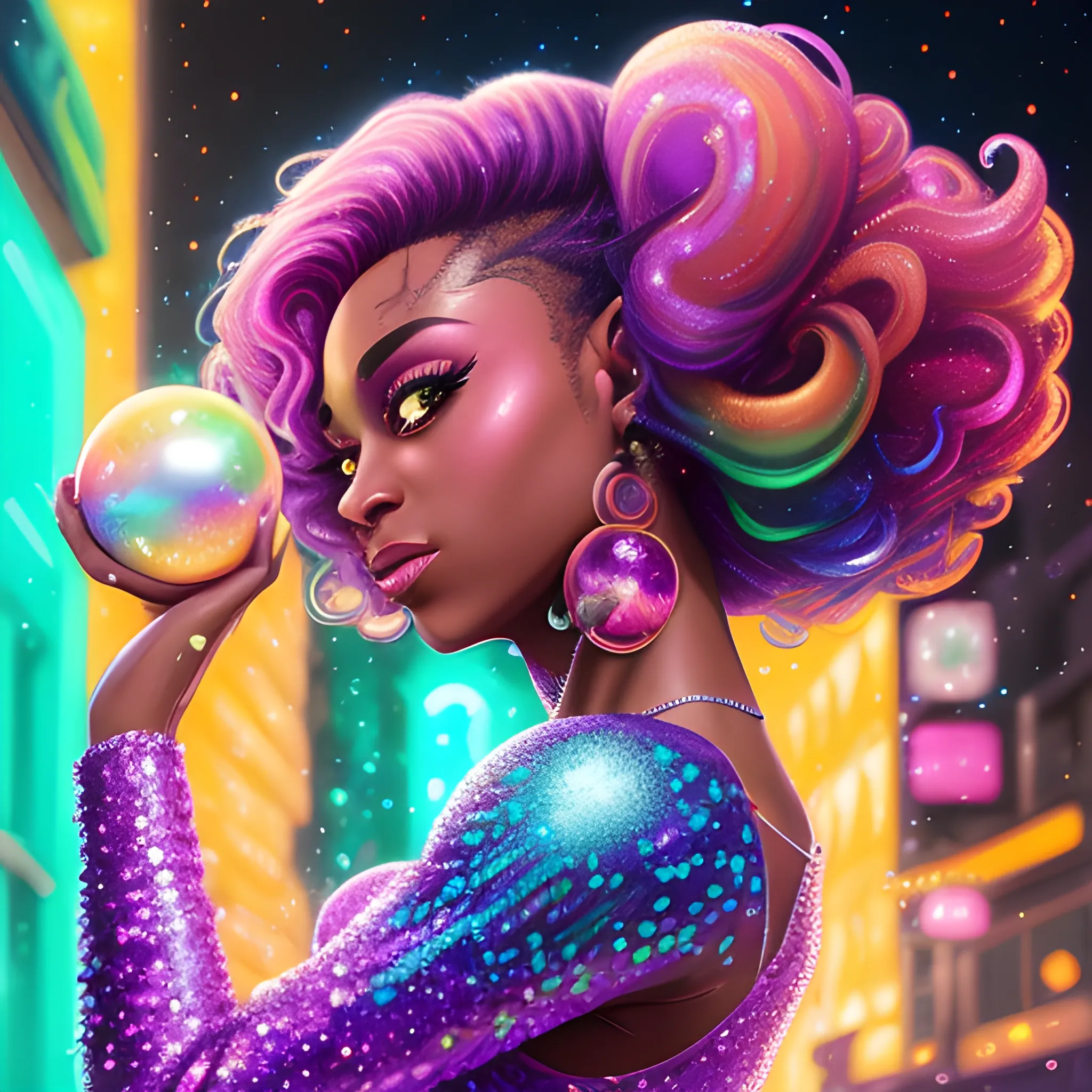 Charlotte Ayanna, perfect, anatomically correct perfect body, highly detailed beautiful face, green midriff dress, meticulously detailed multi-hued long dark curly hair, holding a purple ball in her hand; digital painting, smooth, sharp focus, colorful illustration, art by Lisa Frank, James R. Eads, artgerm and Maxfield Parrish; luminous color sparkles, glitter, neon, airbrush, Unreal Engine 5, Fausto-Giurescu, Tania Rivilis, Dan Mumford; luminous colorful sparkles, glitter, airbrush, depth of field, volumetric lighting, downtown