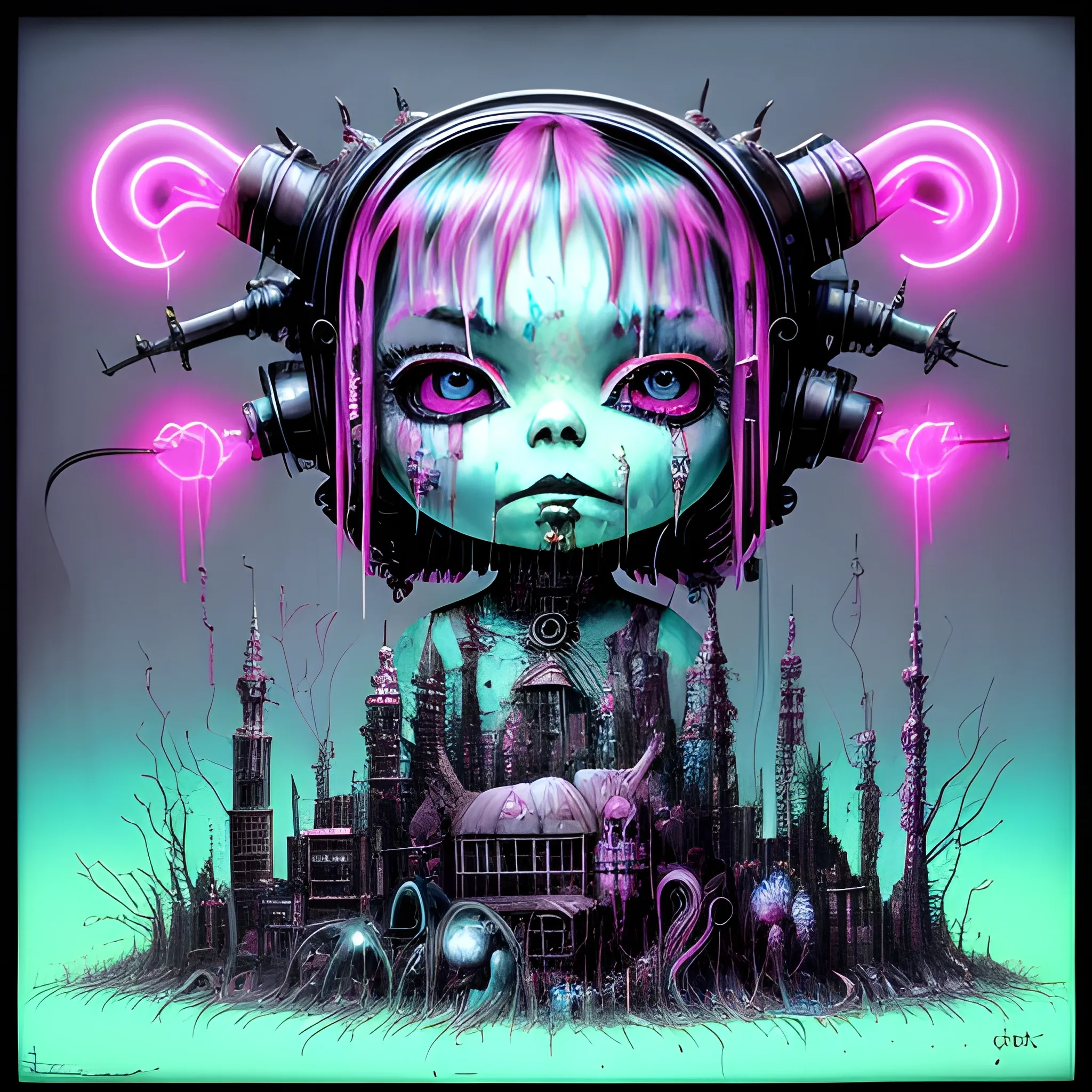  Masterpiece, scenic; Bjork; neon spray paint, acrylic paint, fantastical surrealist world, in the style of Stephen Gammell and Shawn Coss, extremely detailed, sick, gothic, eldritch: chibi kawaii neon cyber