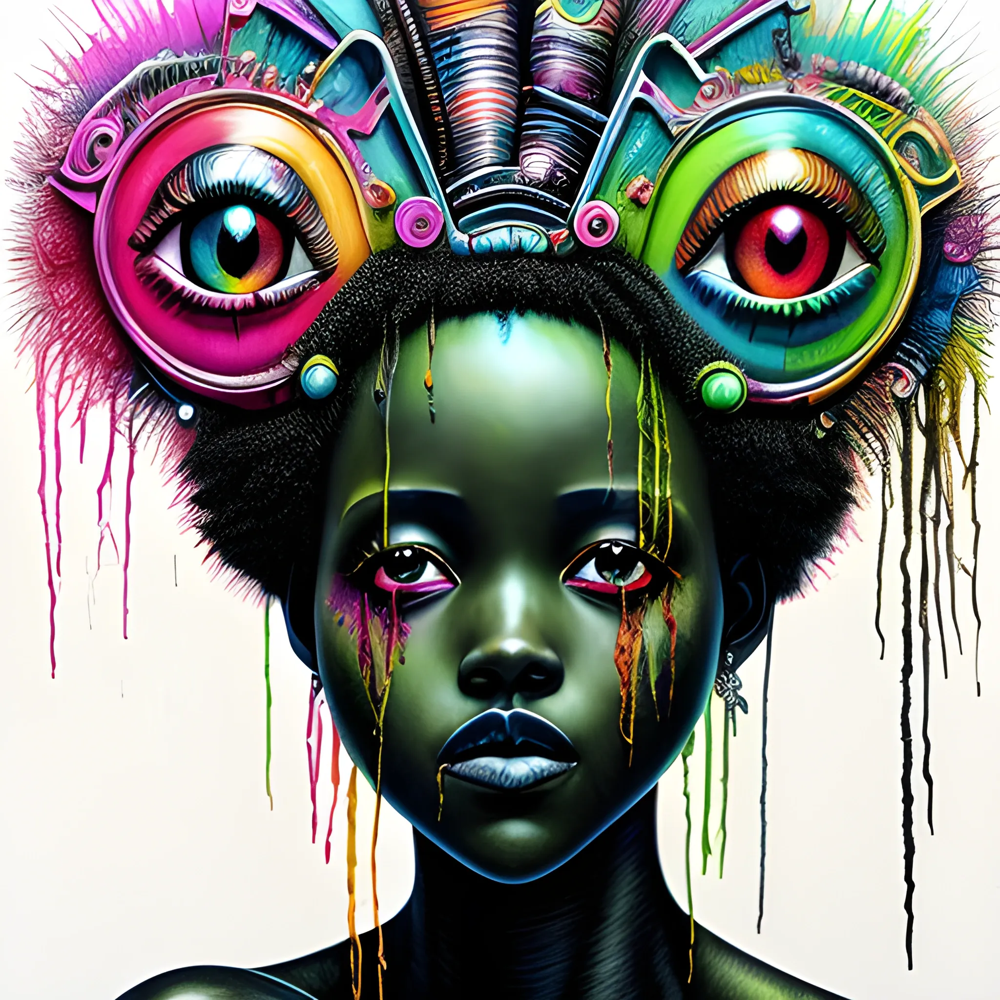  Masterpiece, scenic; Lupita Nyong'o; neon spray paint, acrylic paint, fantastical surrealist world, in the style of Stephen Gammell and Shawn Coss, extremely detailed, sick, gothic, eldritch, markers, crayons, oil pastels