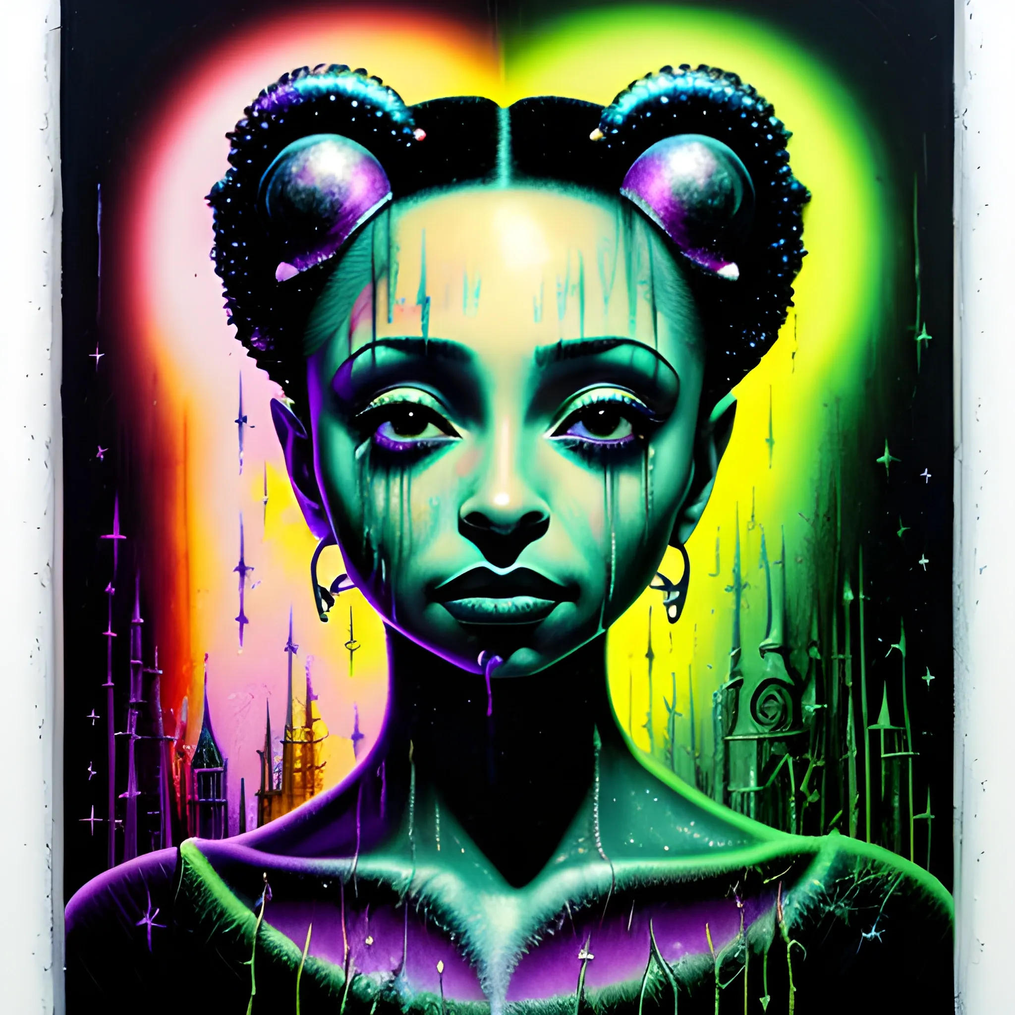  Masterpiece, scenic; Sade Adu; neon spray paint, acrylic paint, fantastical surrealist world, in the style of Stephen Gammell and Shawn Coss, extremely detailed, sick, gothic, eldritch; extreme neon color, stars, glitter, sparkles