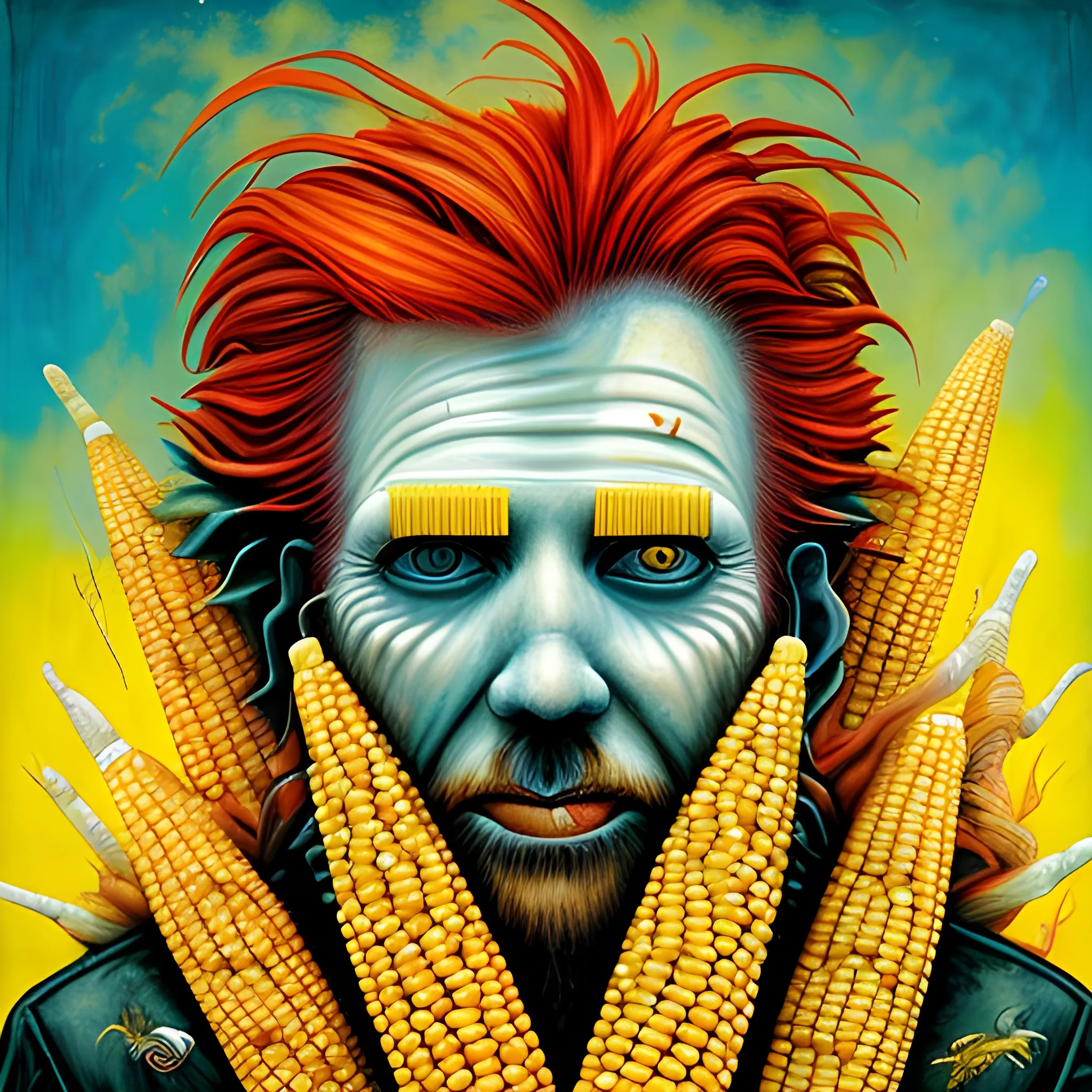  Masterpiece, scenic;  redhead Courtney Gains; neon spray paint, acrylic paint, fantastical surrealist world, corn cob, yellow corn; in the style of Stephen Gammell and Shawn Coss