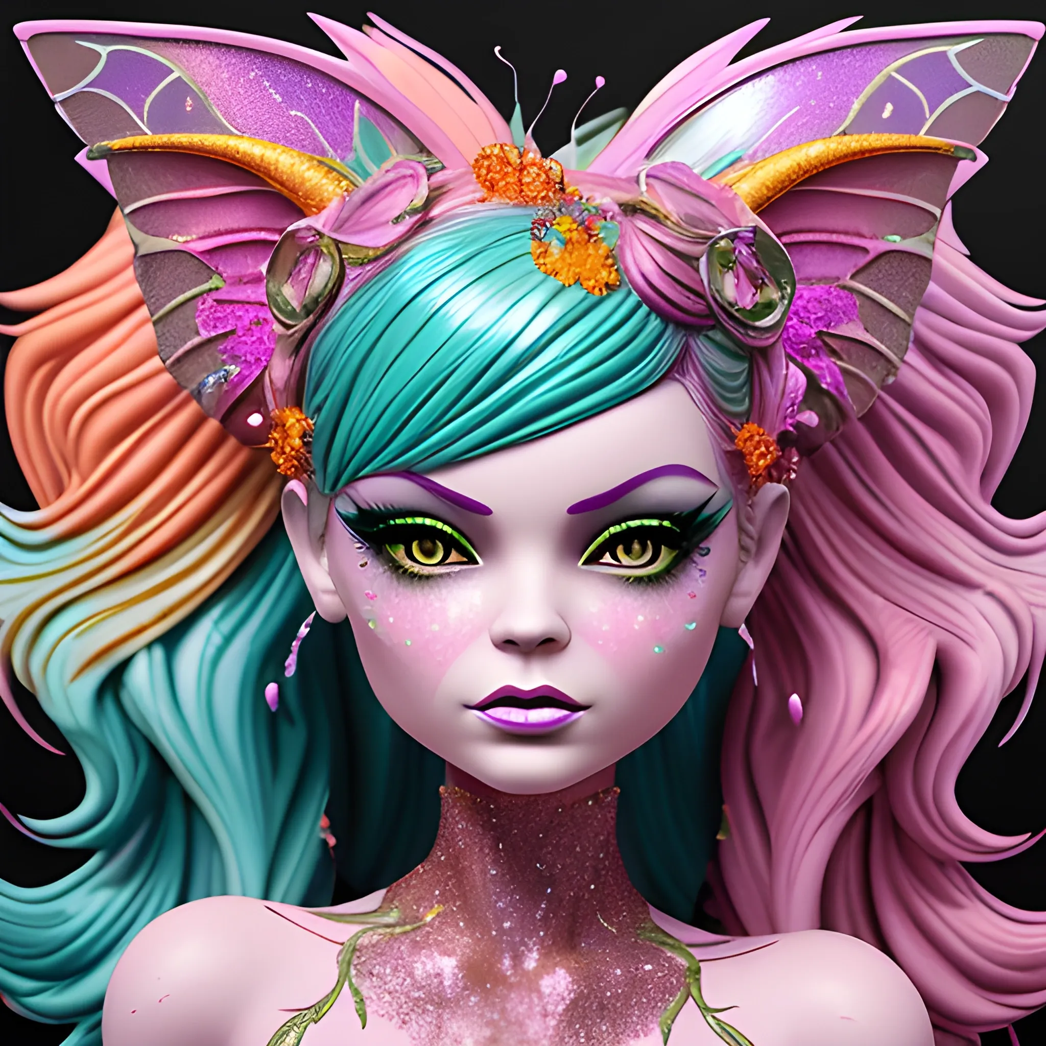  Mythical Fairy: monster High doll: vines: woman: fairy wings: forest: nature: orange and pink: detailed: glitter, airbrush, luminous color sparkles; graffiti art, splash art, street art, spray paint, oil gouache melting, acrylic, high contrast, colorful polychromatic, ultra detailed, ultra quality, CGSociety, 3D; hyperdetailed face of Rosie Perez