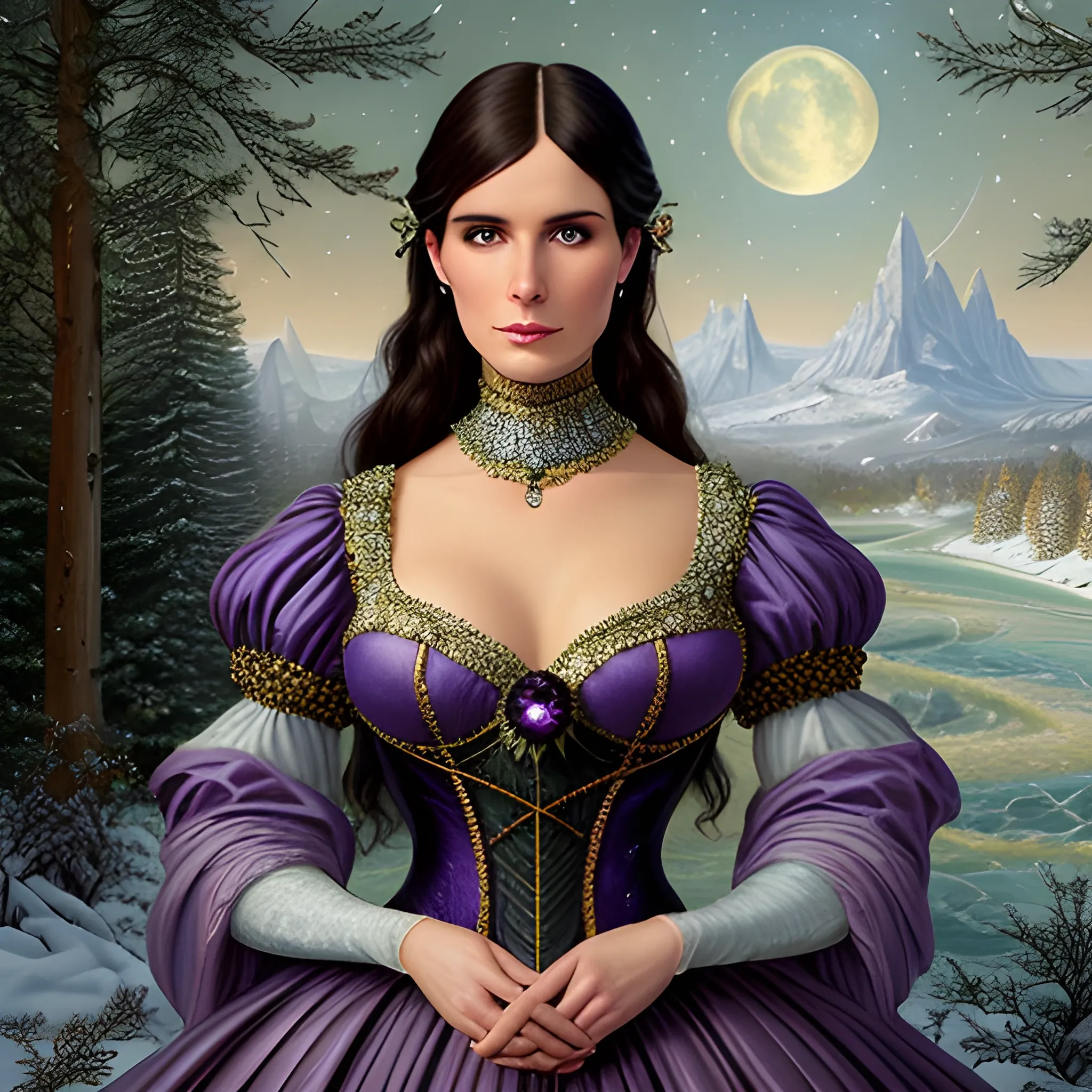 Lilac Princess, full body shot; Kate Mara / Rachel Leigh Cook face morph wears a lavender sequined dress. She has long, sleek black hair, and stands in front of snow-covered pine trees and an icy river. Her features are symmetrical, lovely, and anatomically correct. She wears amethyst jewelry. Lips are soft, in a slight smile; behind her a cityscape, and full smooth moon in a nebula sky, clouds; fantasy, Vintage Art, 16k resolution, intricately detailed, Renaissance, Chromolithography Soft Shading; ethereal fantasy, realistic oil painting. Victorian era, glitter, old fashioned, vintage, antique, renaissance, gothic, eldritch, highly intricate, sophisticated and complex digital painting, concept art, hyperrealism, Cinema 4D, 8k resolution, 64 megapixels, CGSociety, ZBrushCentral, behance HD, hypermaximalist, parallax
