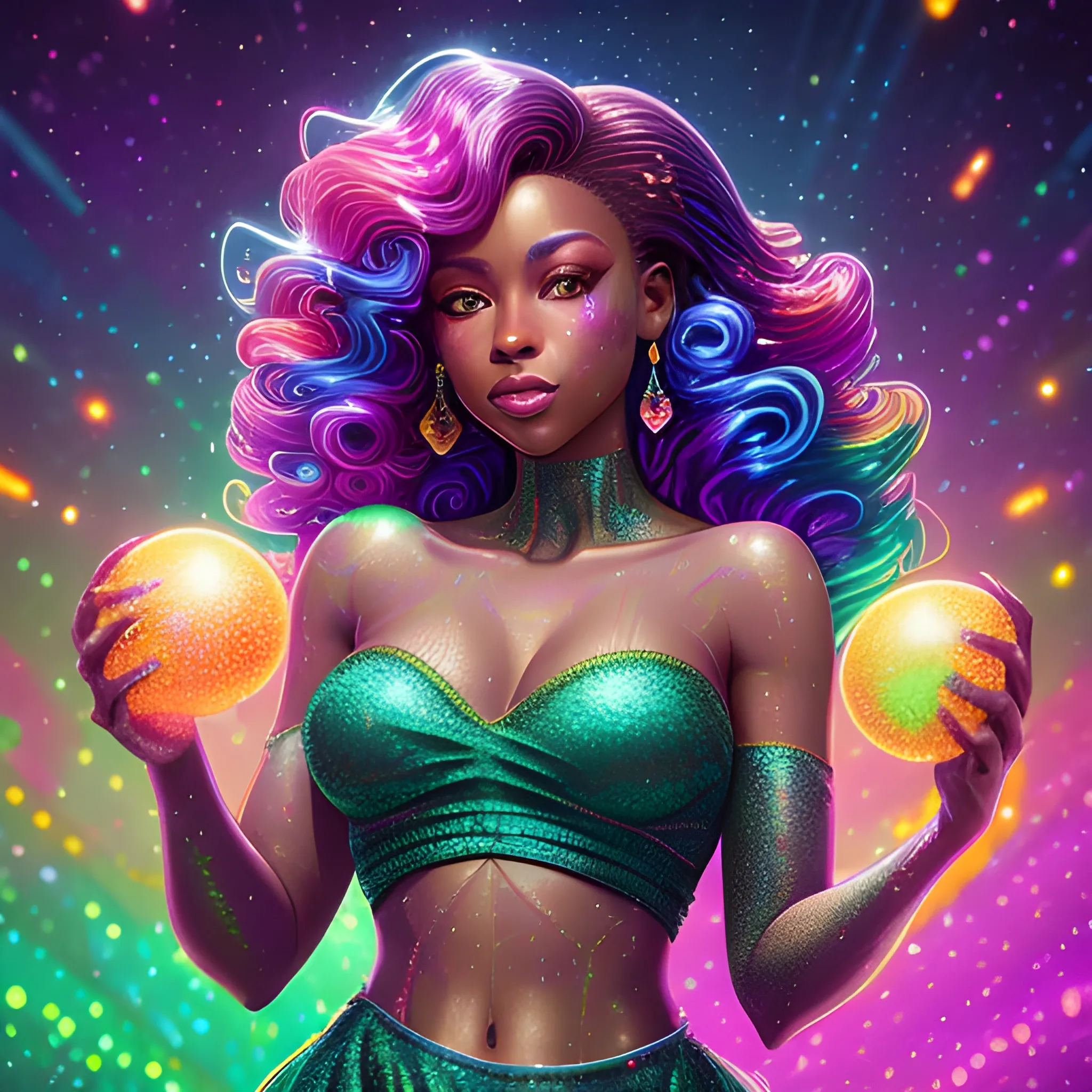 Charlotte Ayanna, perfect, anatomically correct perfect body, highly detailed beautiful face, green midriff dress, meticulously detailed multi-hued long dark curly hair, holding a purple ball in her hand; digital painting, smooth, sharp focus, colorful illustration, art by Lisa Frank, James R. Eads, artgerm and Maxfield Parrish; luminous color sparkles, glitter, neon, airbrush, Unreal Engine 5, Fausto-Giurescu, Tania Rivilis, Dan Mumford; luminous colorful sparkles, glitter, airbrush, depth of field, volumetric lighting, downtown