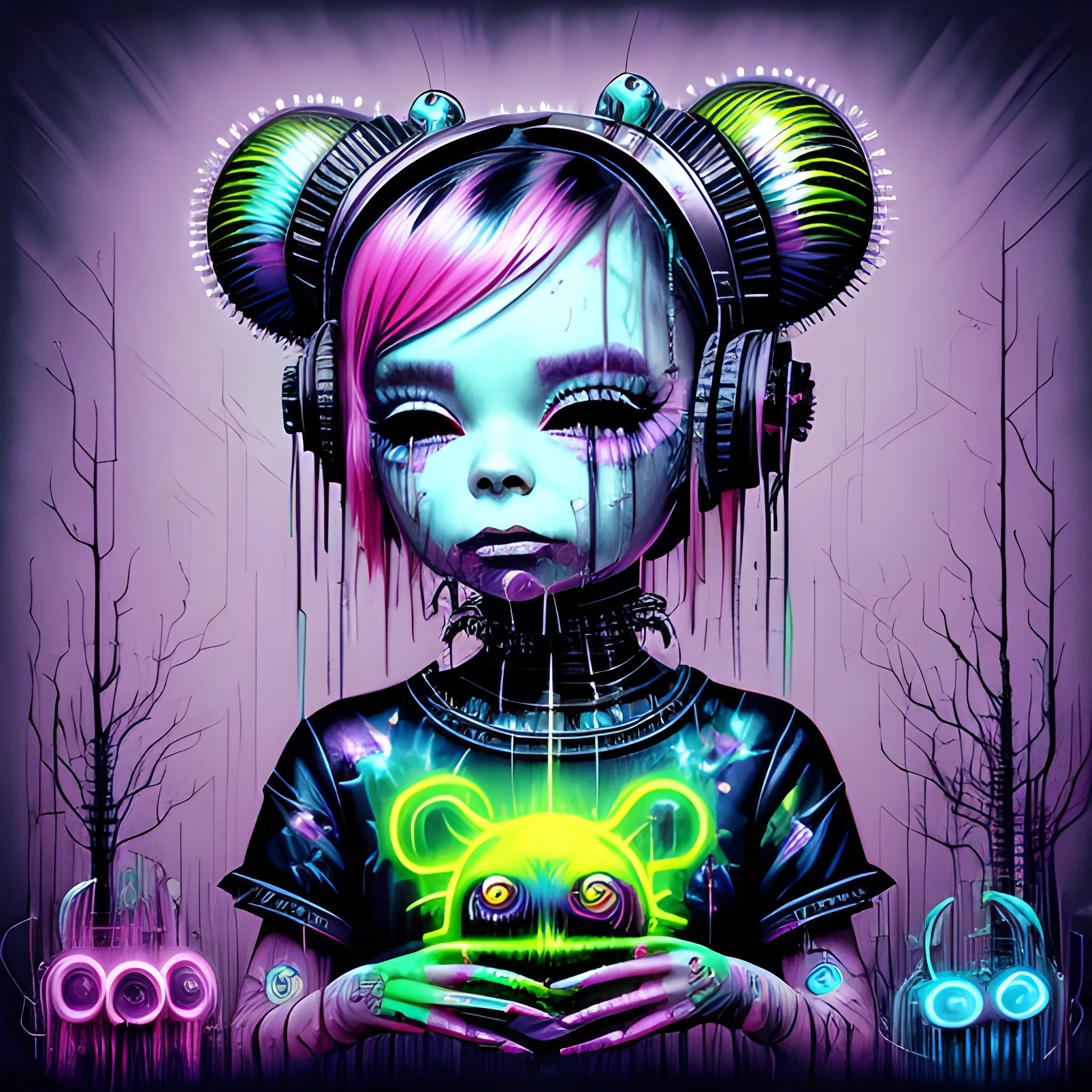  Masterpiece, scenic; Bjork; neon spray paint, acrylic paint, fantastical surrealist world, in the style of Stephen Gammell and Shawn Coss, extremely detailed, sick, gothic, eldritch: chibi kawaii neon cyber