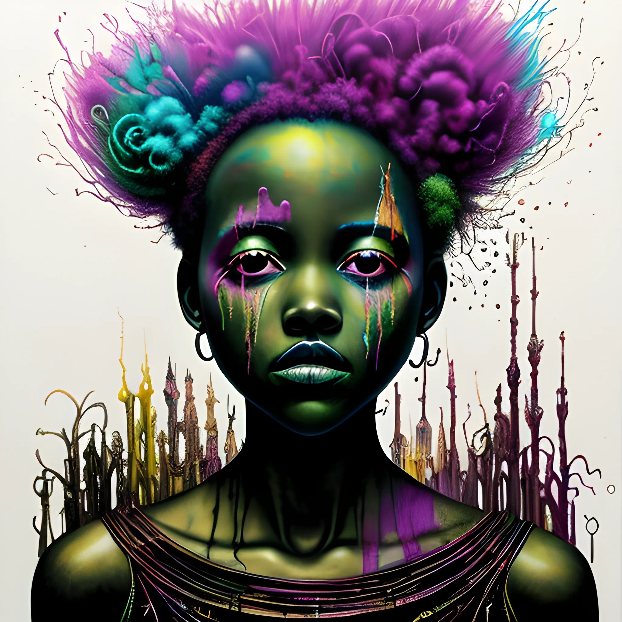  Masterpiece, scenic; Lupita Nyong'o; neon spray paint, acrylic paint, fantastical surrealist world, in the style of Stephen Gammell and Shawn Coss, extremely detailed, sick, gothic, eldritch, markers, crayons, oil pastels