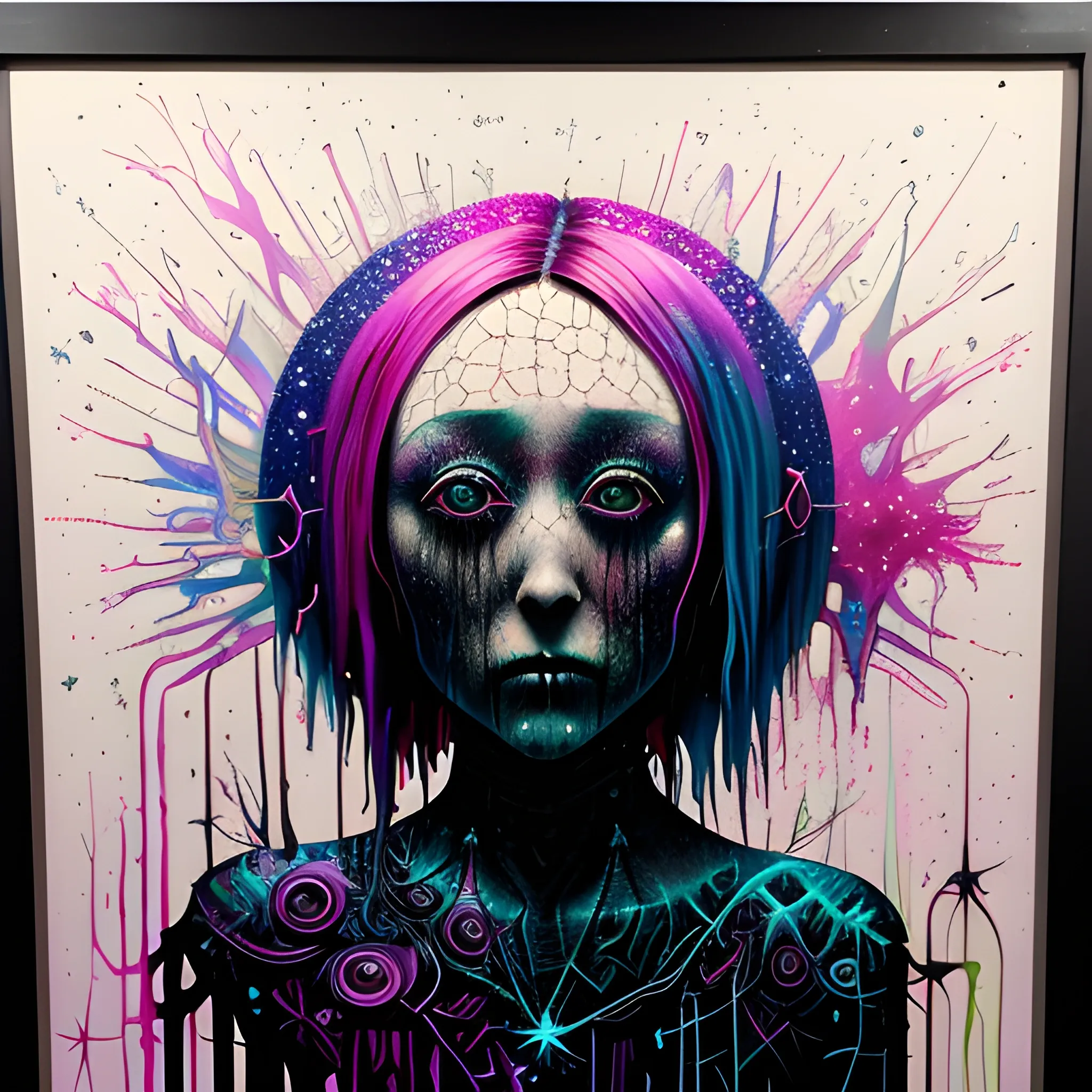  Masterpiece, scenic; Noah Cyrus; neon spray paint, acrylic paint, fantastical surrealist world, in the style of Stephen Gammell and Shawn Coss, extremely detailed, sick, gothic, eldritch; extreme neon color, stars, glitter, sparkles