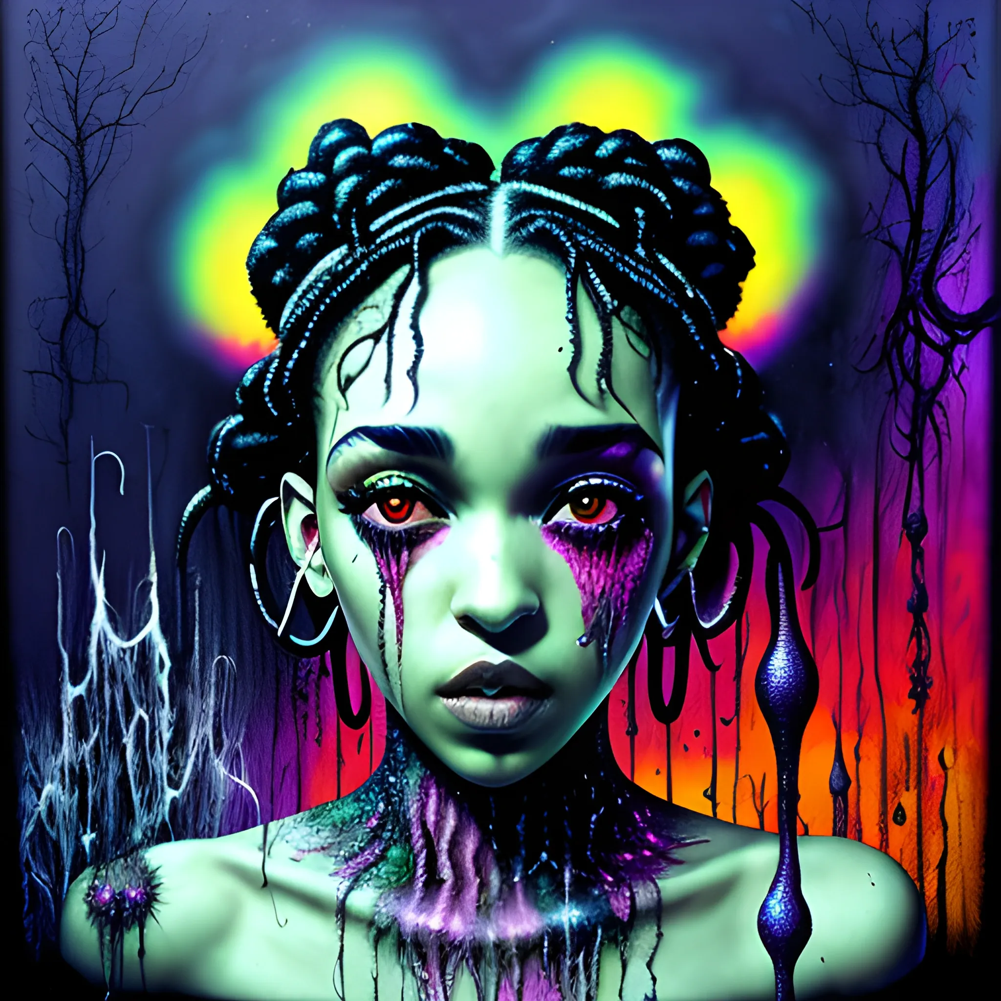  Masterpiece, scenic; FKA Twigs; neon spray paint, acrylic paint, fantastical surrealist world, in the style of Stephen Gammell and Shawn Coss, extremely detailed, sick, gothic, eldritch; extreme neon color, stars, glitter, sparkles