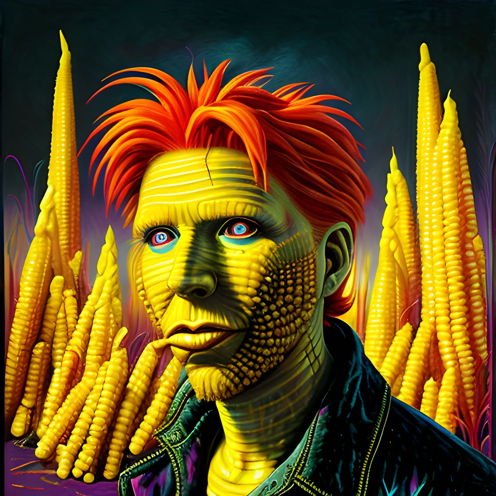  Masterpiece, scenic;  redhead Courtney Gains; neon spray paint, acrylic paint, fantastical surrealist world, corn cob, yellow corn; in the style of Stephen Gammell and Shawn Coss