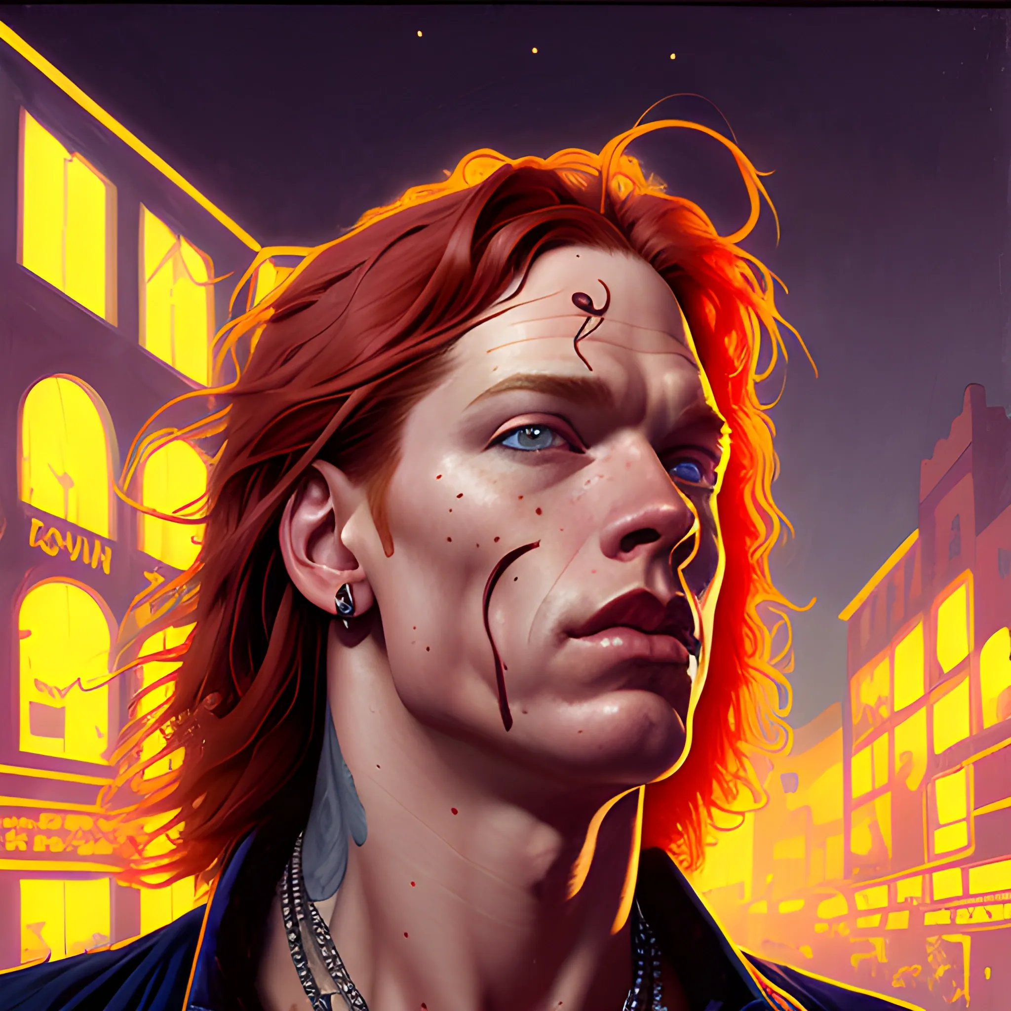 Axl Rose, long red hair, chiseled, handsome highly detailed symmetrical face, freckles, perfect face, hyperdetailed eyes and an athletic, long, lean masculine body, under a painted neblua sky, full moon; downtown, urban decay, neon nights; spooky ambiance, by gaston bussiere, craig mullins, j. c. leyendecker