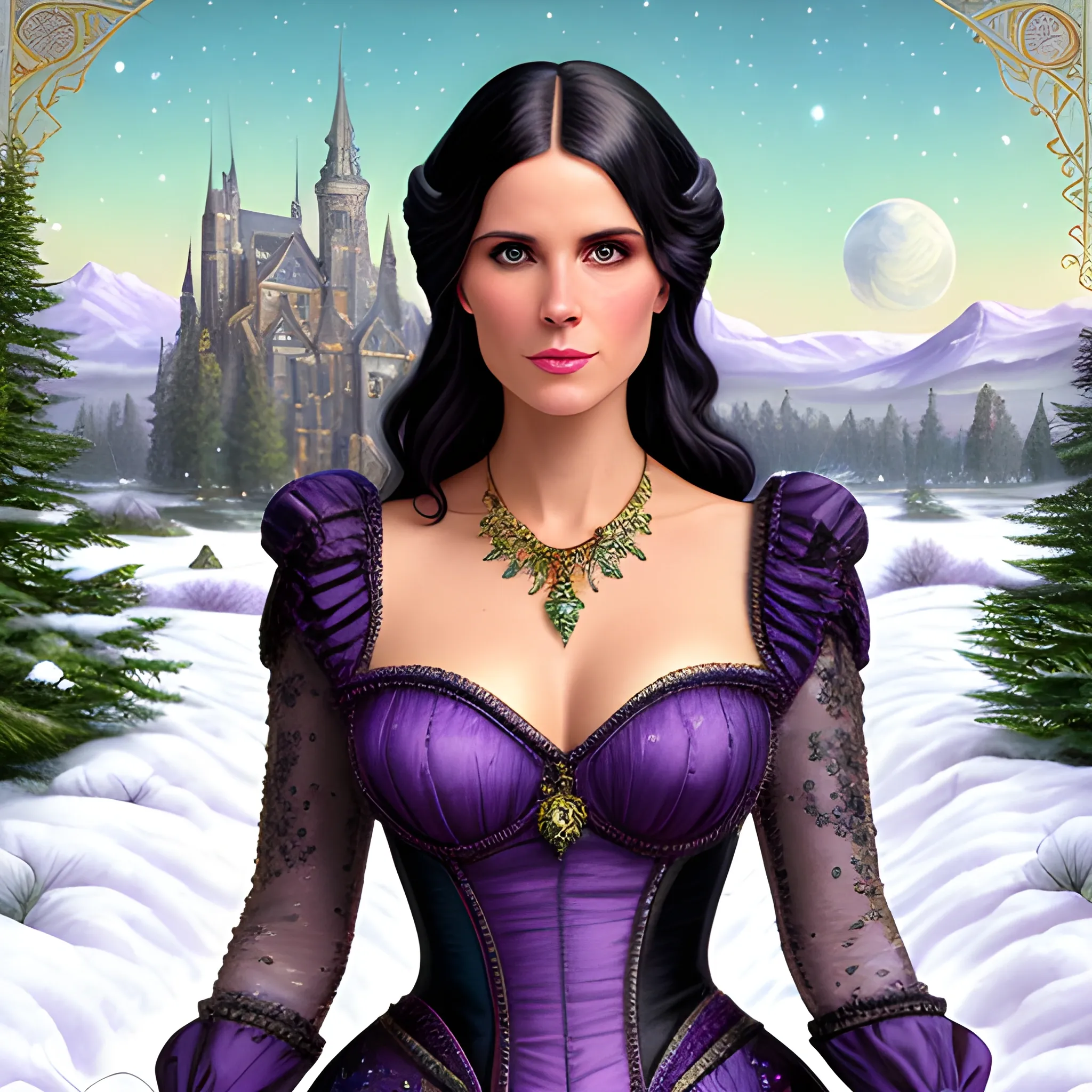 Lilac Princess, full body shot; Kate Mara / Rachel Leigh Cook face morph wears a lavender sequined dress. She has long, sleek black hair, and stands in front of snow-covered pine trees and an icy river. Her features are symmetrical, lovely, and anatomically correct. She wears amethyst jewelry. Lips are soft, in a slight smile; behind her a cityscape, and full smooth moon in a nebula sky, clouds; fantasy, Vintage Art, 16k resolution, intricately detailed, Renaissance, Chromolithography Soft Shading; ethereal fantasy, realistic oil painting. Victorian era, glitter, old fashioned, vintage, antique, renaissance, gothic, eldritch, highly intricate, sophisticated and complex digital painting, concept art, hyperrealism, Cinema 4D, 8k resolution, 64 megapixels, CGSociety, ZBrushCentral, behance HD, hypermaximalist, parallax
