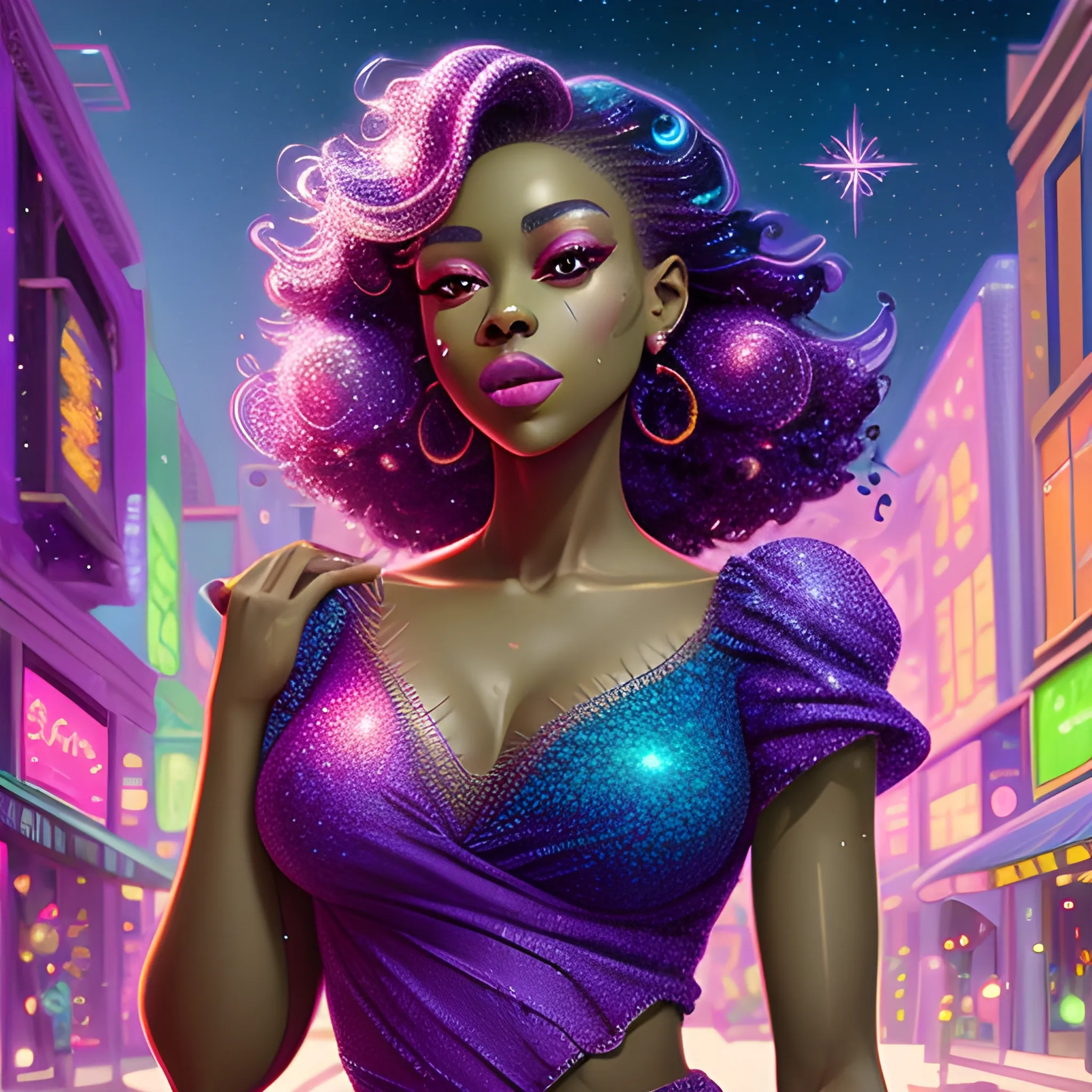 Charlotte Ayanna, perfect, anatomically correct perfect body, highly detailed beautiful face, green midriff dress, meticulously detailed multi-hued long dark curly hair, holding a purple ball in her hand; digital painting, smooth, sharp focus, colorful illustration, art by Lisa Frank, James R. Eads, artgerm and Maxfield Parrish; luminous color sparkles, glitter, neon, airbrush, Unreal Engine 5, Fausto-Giurescu, Tania Rivilis, Dan Mumford; luminous colorful sparkles, glitter, airbrush, depth of field, volumetric lighting, downtown