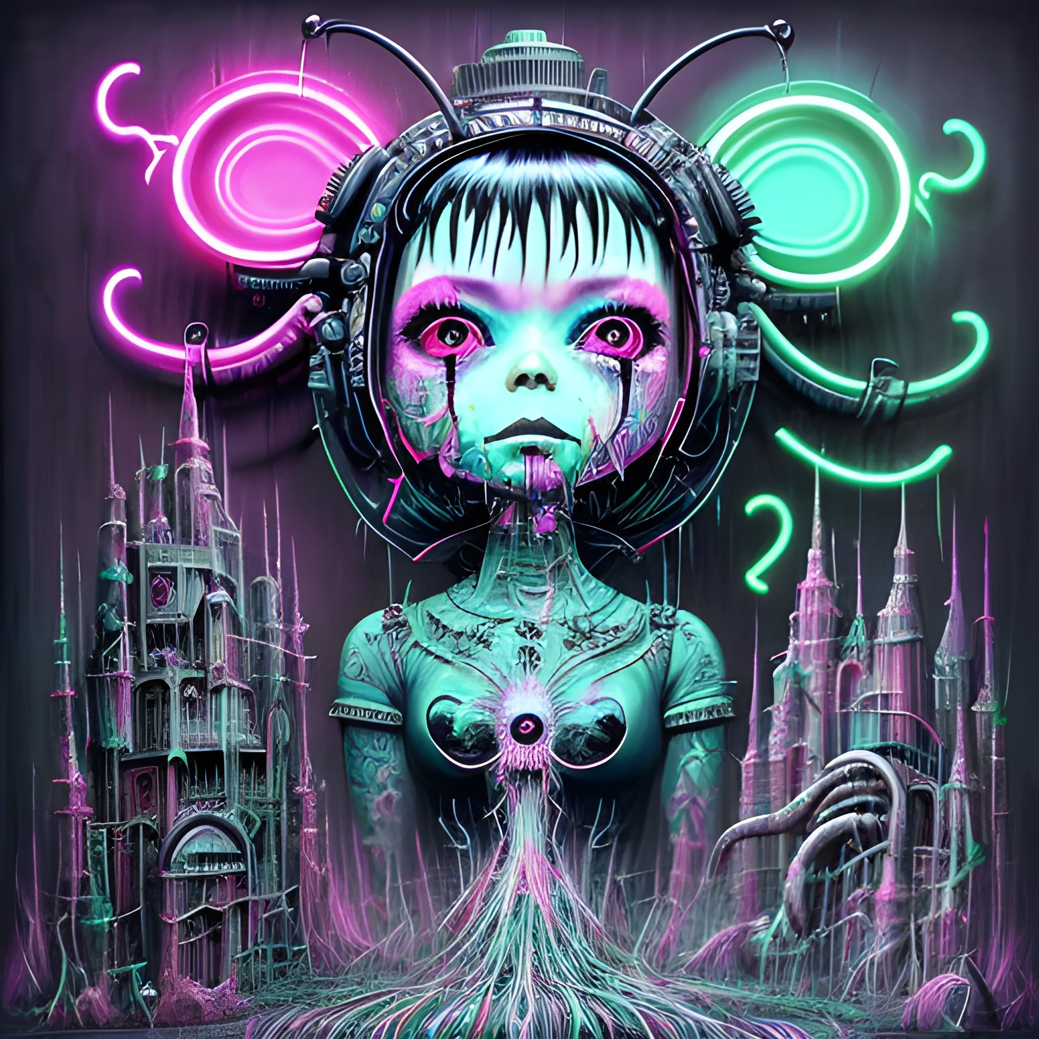  Masterpiece, scenic; Bjork; neon spray paint, acrylic paint, fantastical surrealist world, in the style of Stephen Gammell and Shawn Coss, extremely detailed, sick, gothic, eldritch: chibi kawaii neon cyber