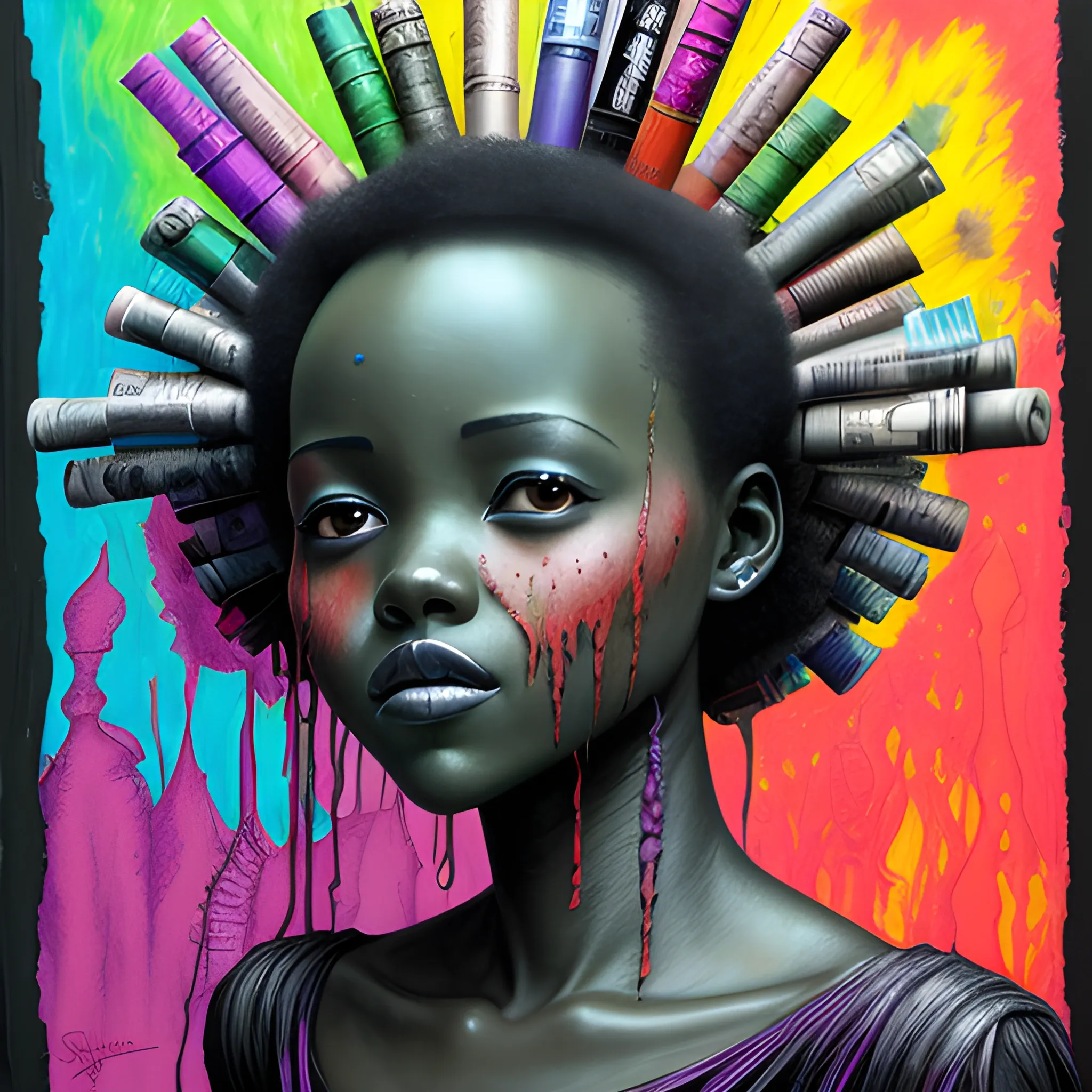  Masterpiece, scenic; Lupita Nyong'o; neon spray paint, acrylic paint, fantastical surrealist world, in the style of Stephen Gammell and Shawn Coss, extremely detailed, sick, gothic, eldritch, markers, crayons, oil pastels, mushroom cloud hair